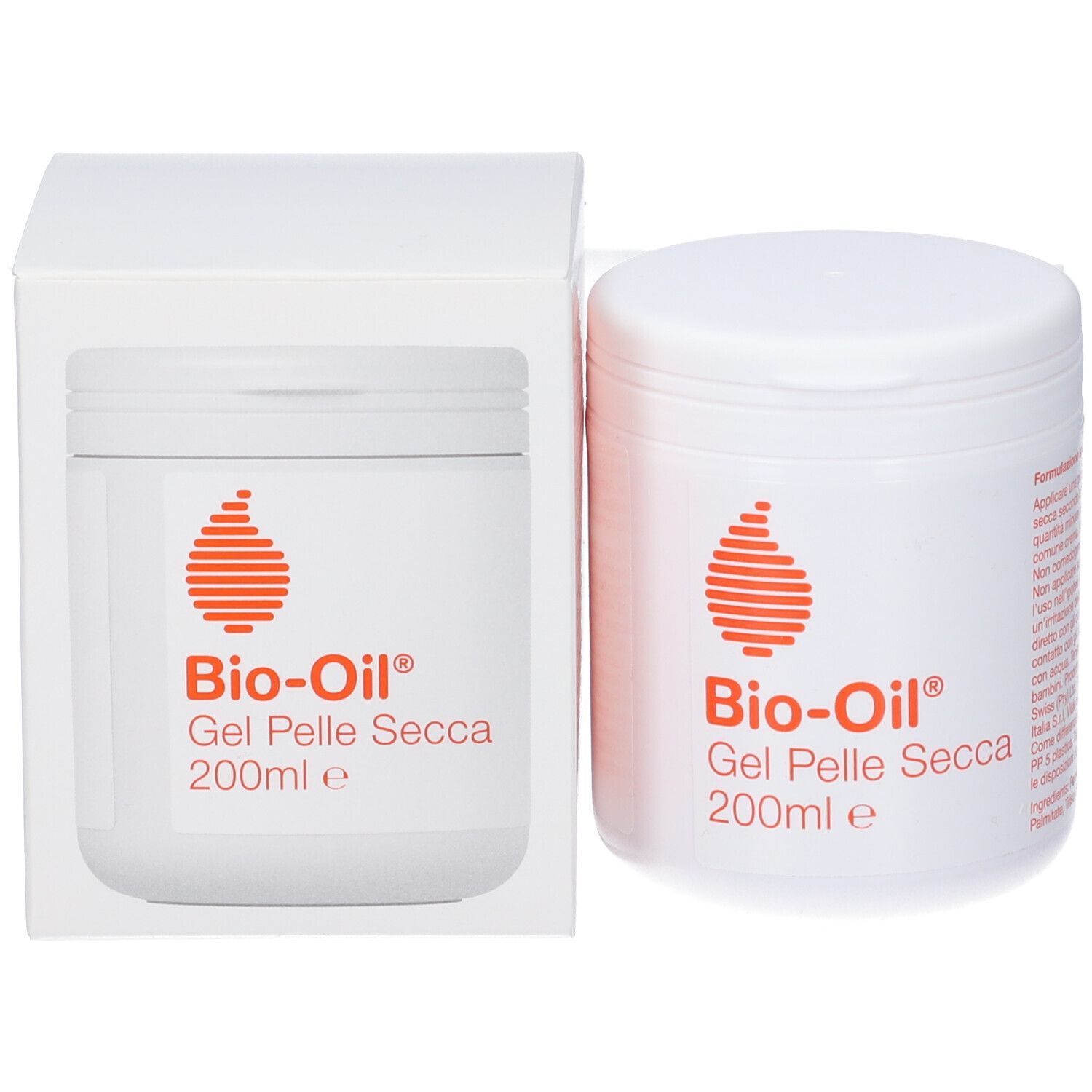 Vaso bianco con coperchio e confezione. Logo arancione e scritta Bio-Oil Gel Pelle Secca. 200ml.