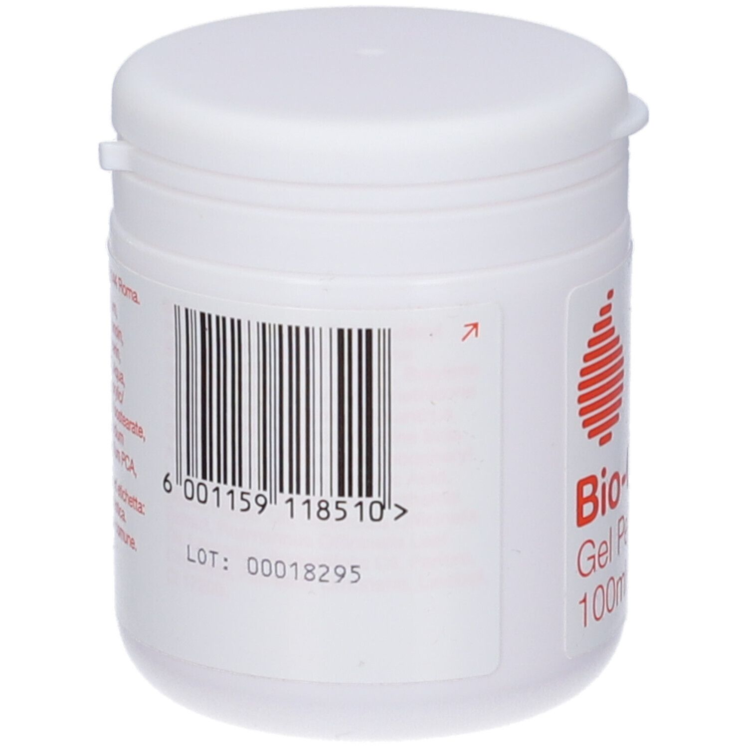 Vaso bianco con coperchio. Retro con codice a barre e testo.