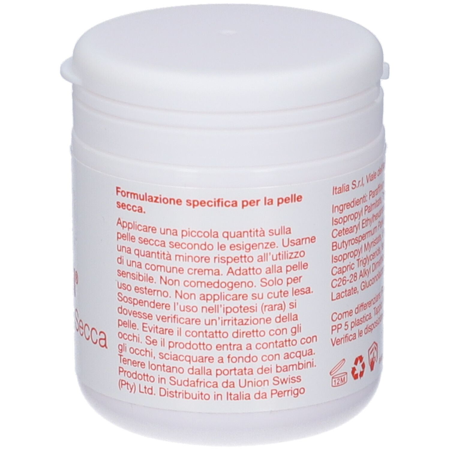 Vaso bianco con coperchio. Etichetta con testo.