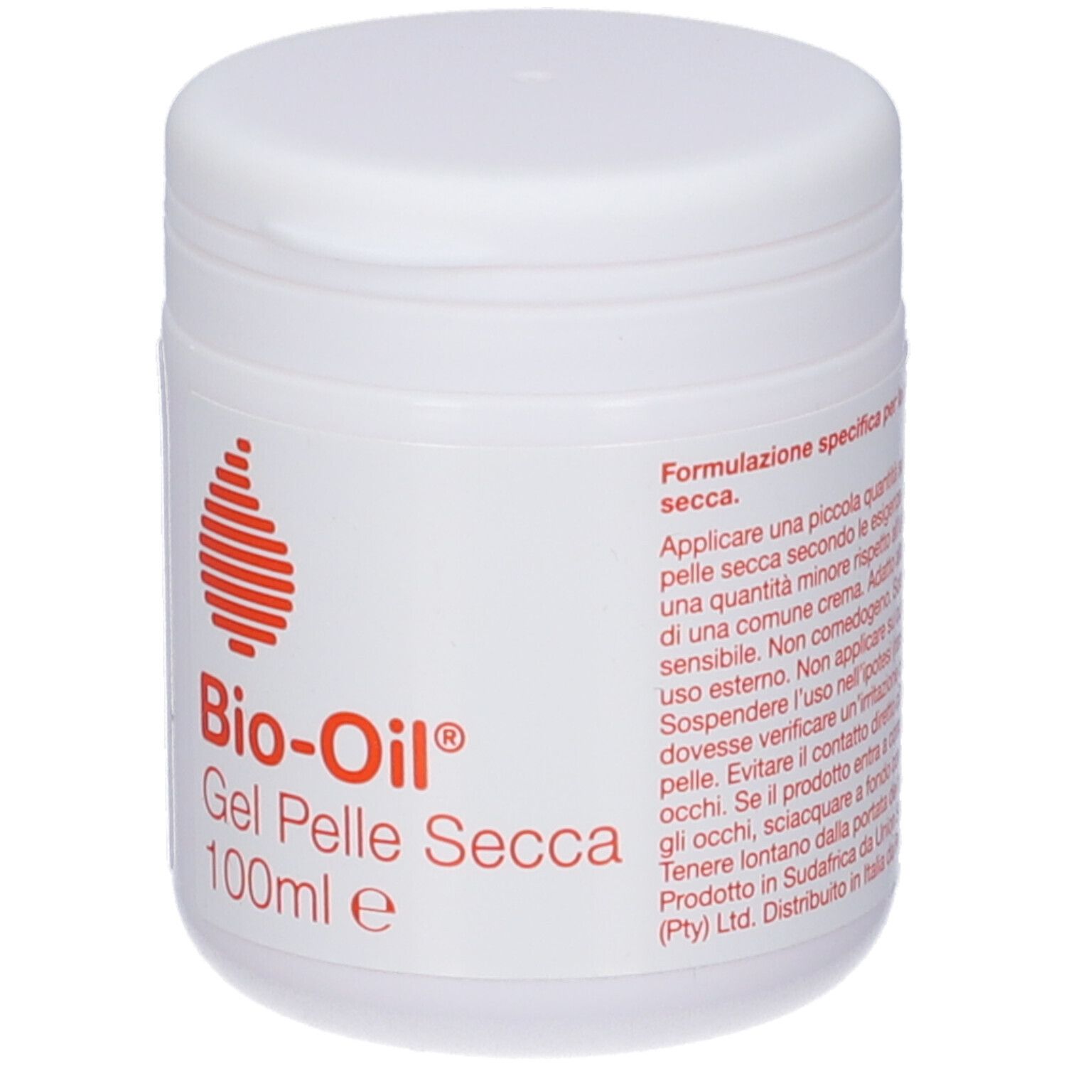 Vaso bianco con coperchio. Etichetta con logo rosso e scritta: Bio-Oil Gel Pelle Secca 100ml.