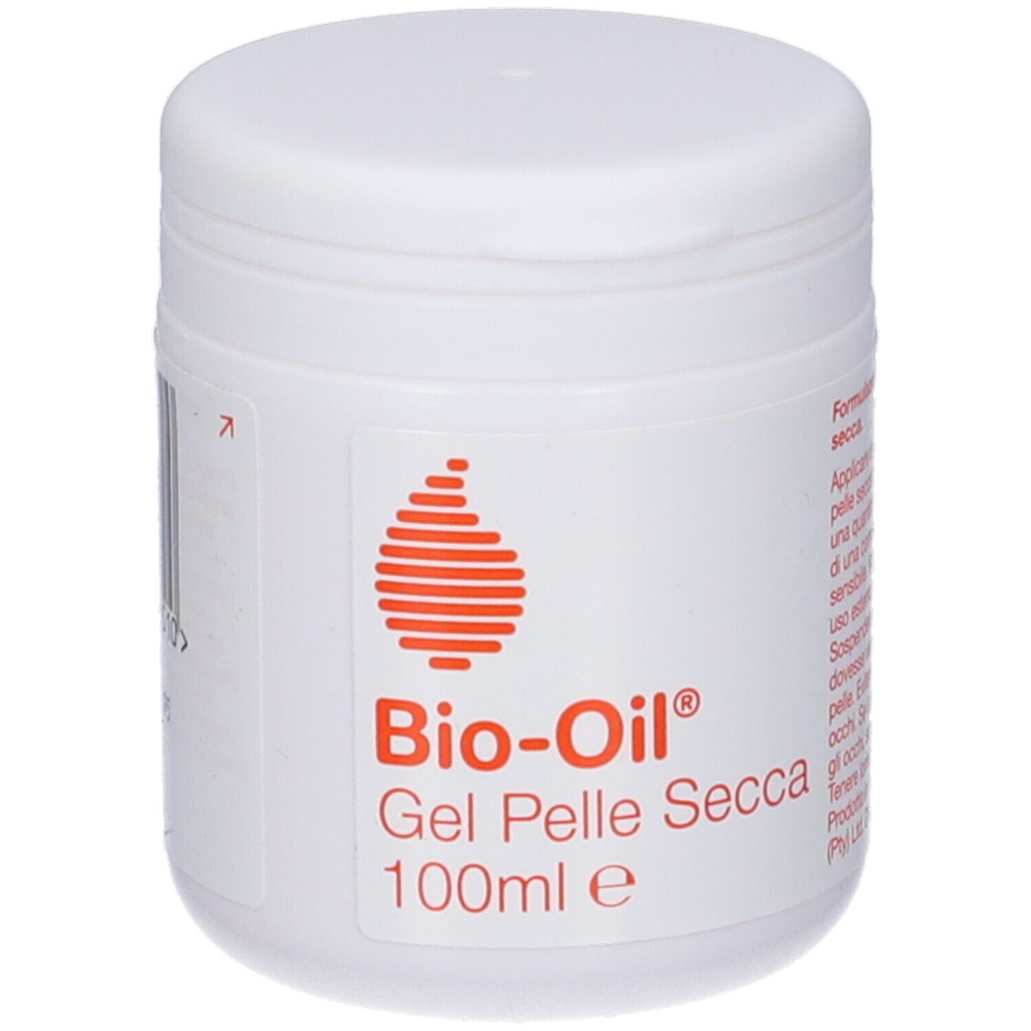 Vaso bianco con coperchio. Etichetta con logo rosso e scritta: Bio-Oil Gel Pelle Secca 100ml.