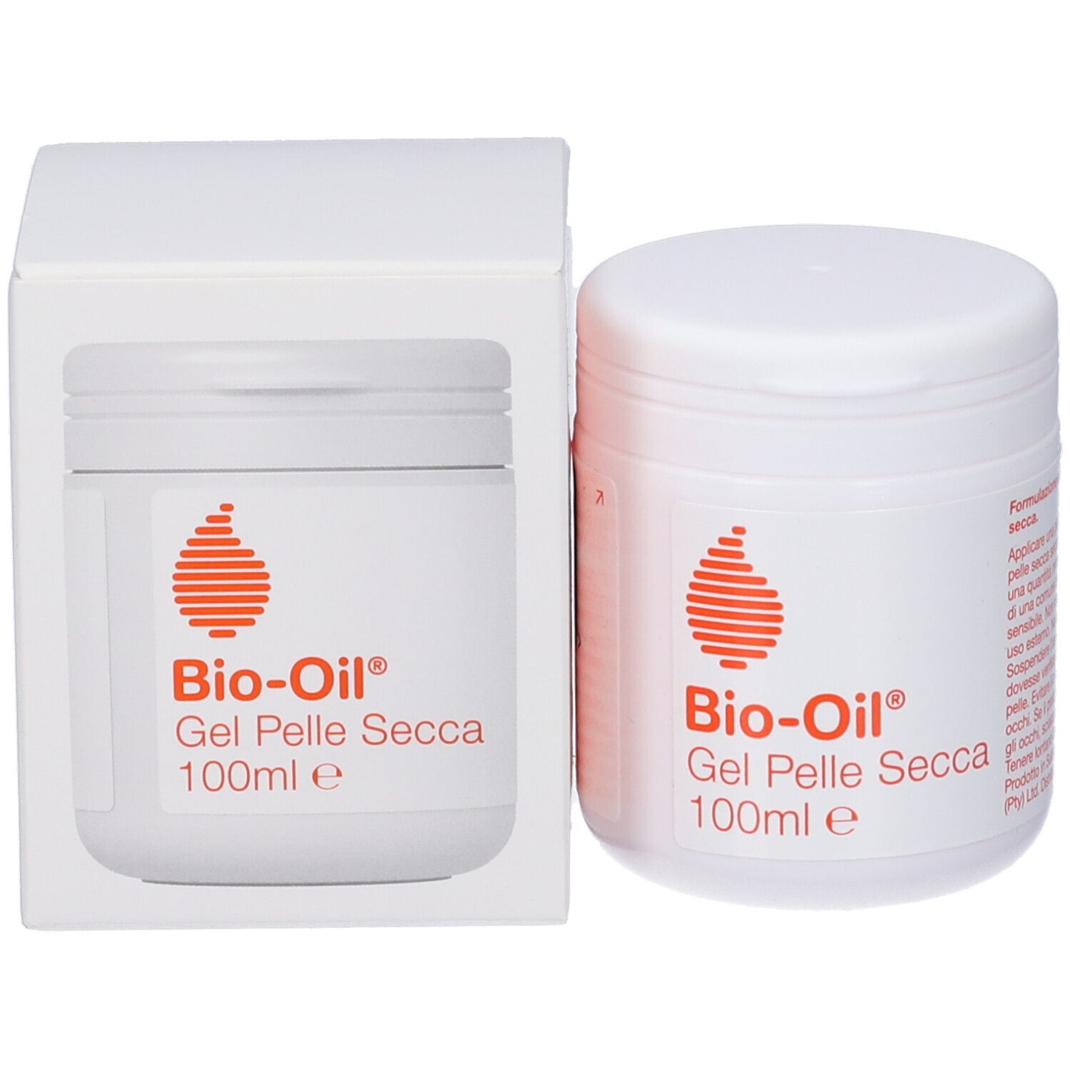 Vaso bianco e scatola. Etichetta con logo rosso e scritta: Bio-Oil Gel Pelle Secca 100ml.