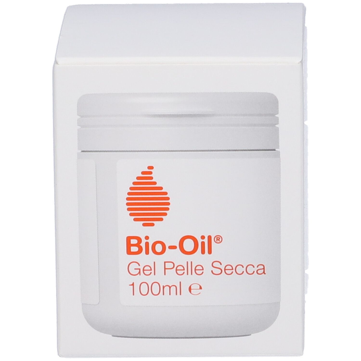 Scatola con vaso bianco. Etichetta con logo rosso e scritta: Bio-Oil Gel Pelle Secca 100ml.