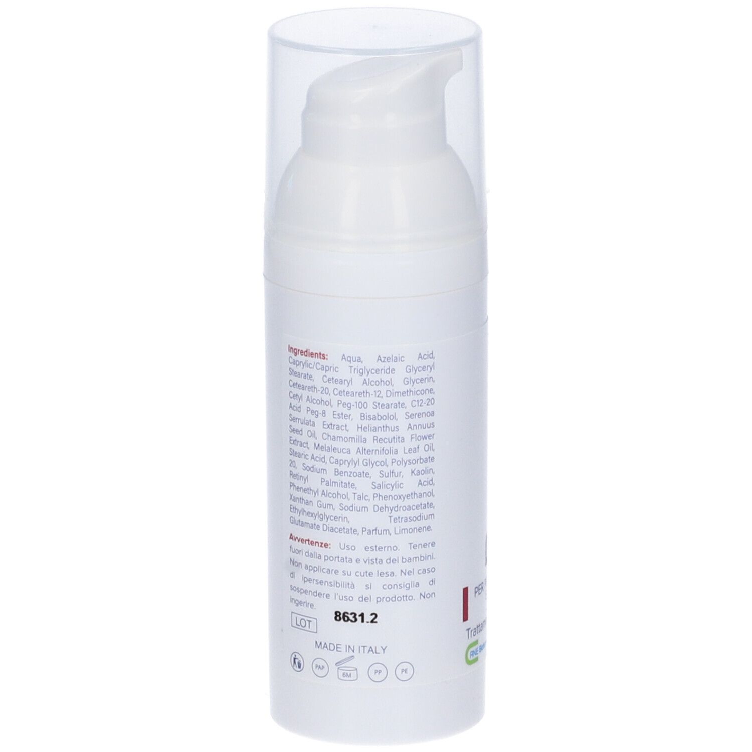 Retro del flacone bianco. Contiene ingredienti e avvertenze. Prodotto in Italia. Con numero di lotto e loghi.