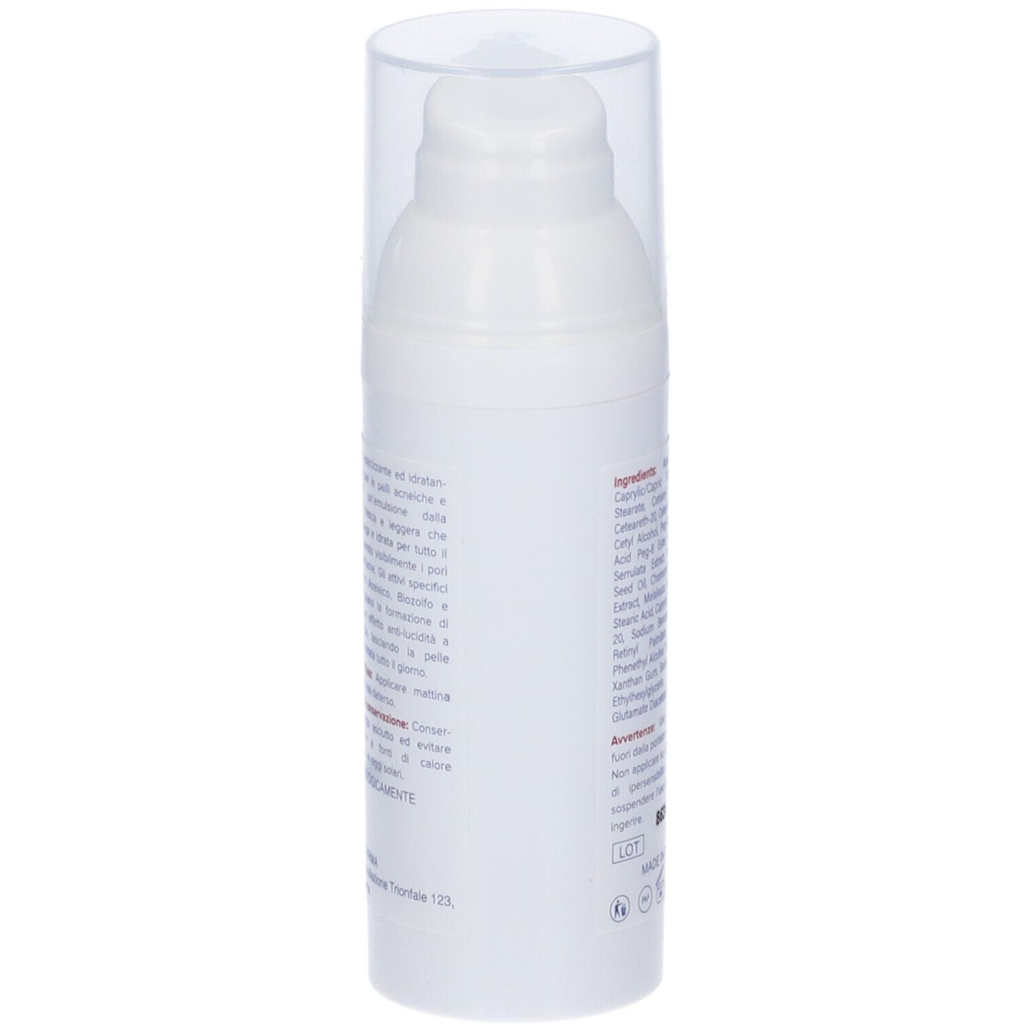 Retro del flacone bianco. Contiene testo sull'uso e gli ingredienti. Con numero di lotto e loghi.