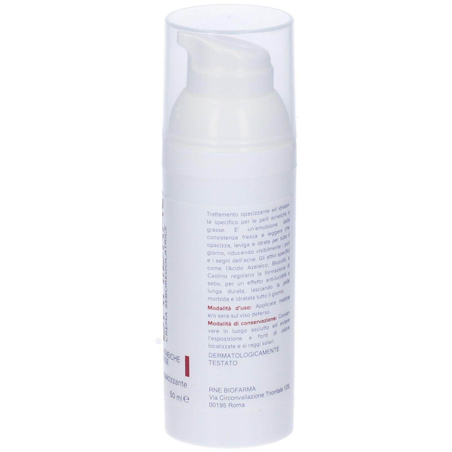 Flacone bianco con testo. Contiene informazioni sull'uso e test dermatologico. Con logo.