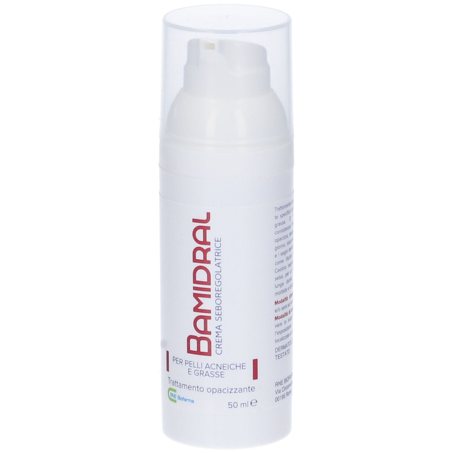 Flacone bianco con scritta rossa: Bamidral, crema seboregolatrice. Per pelli impure. Con dosatore e cappuccio trasparente.