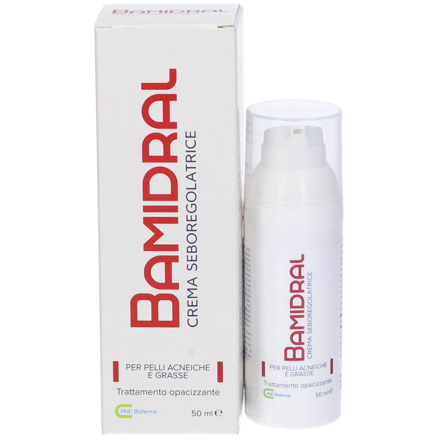 Confezione e flacone. Confezione: bianca con scritta rossa: Bamidral. Flacone: bianco con dosatore e cappuccio.