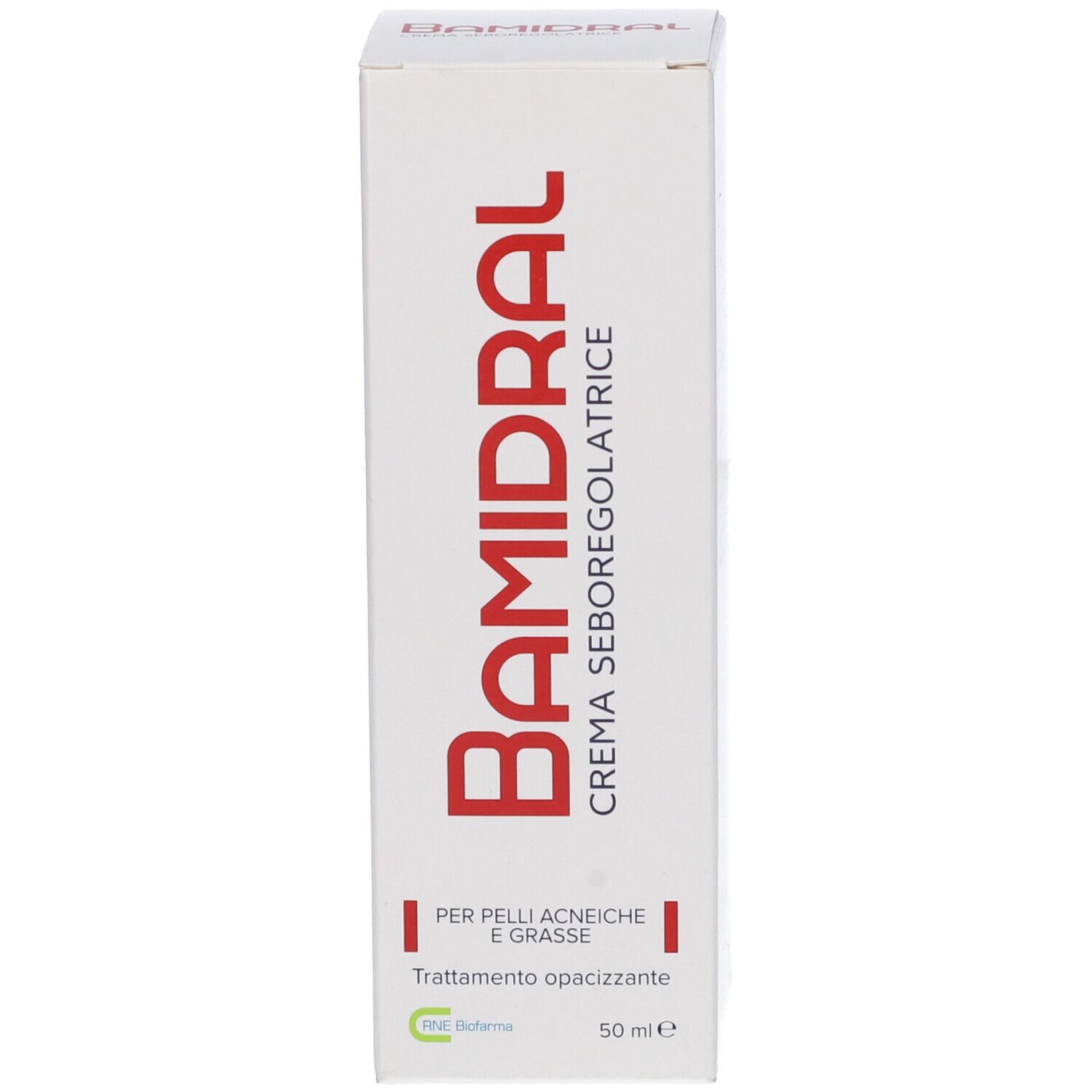 Confezione bianca con scritta rossa: Bamidral, crema seboregolatrice. Per pelli impure. Con logo e informazioni.