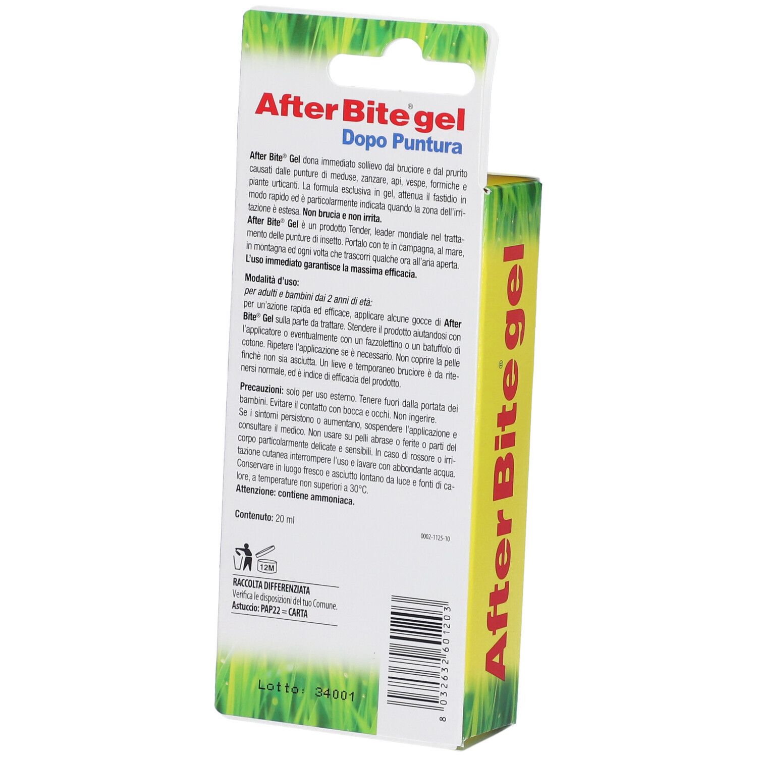 Retro della confezione con nome del prodotto e informazioni. Testo in più lingue.