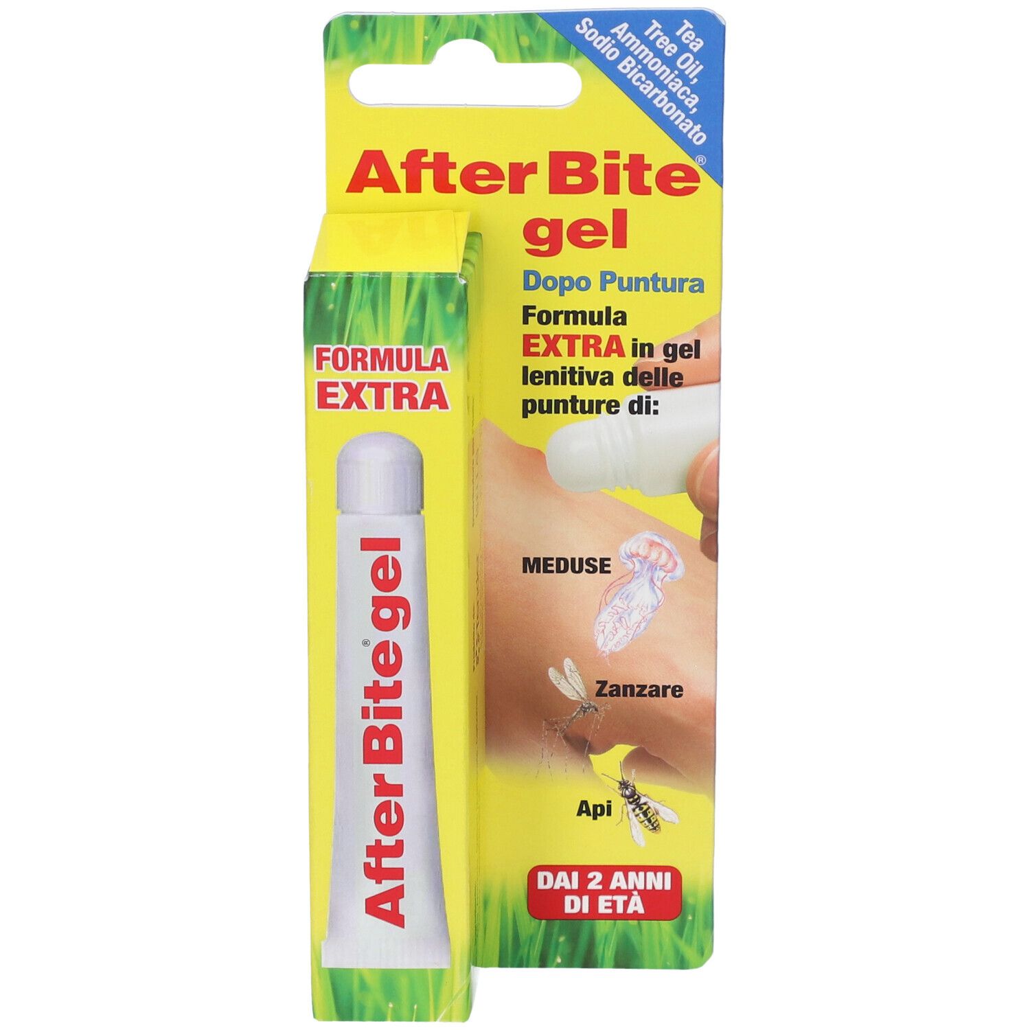 Tubo di gel e confezione con nome del prodotto e designazione aggiuntiva. Illustrazione di pelle con punture di insetti.