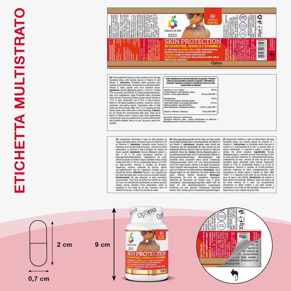 Flacone, capsula ed etichetta con dimensioni e informazioni sul prodotto.