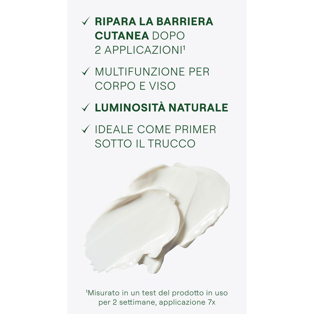 Primo piano di crema sulla pelle. Testo: Ripara la barriera cutanea, multifunzionale, luminosità naturale.