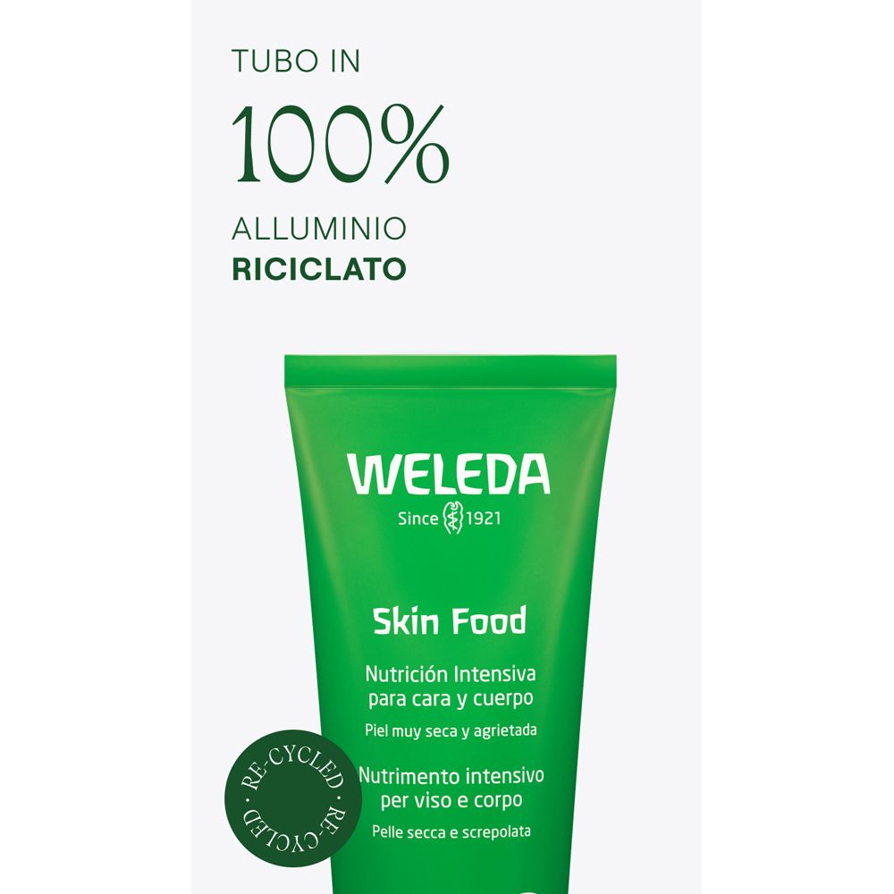 Tubo verde con testo: 100% alluminio riciclato. Scritta: WELEDA Skin Food. Testi multilingue.