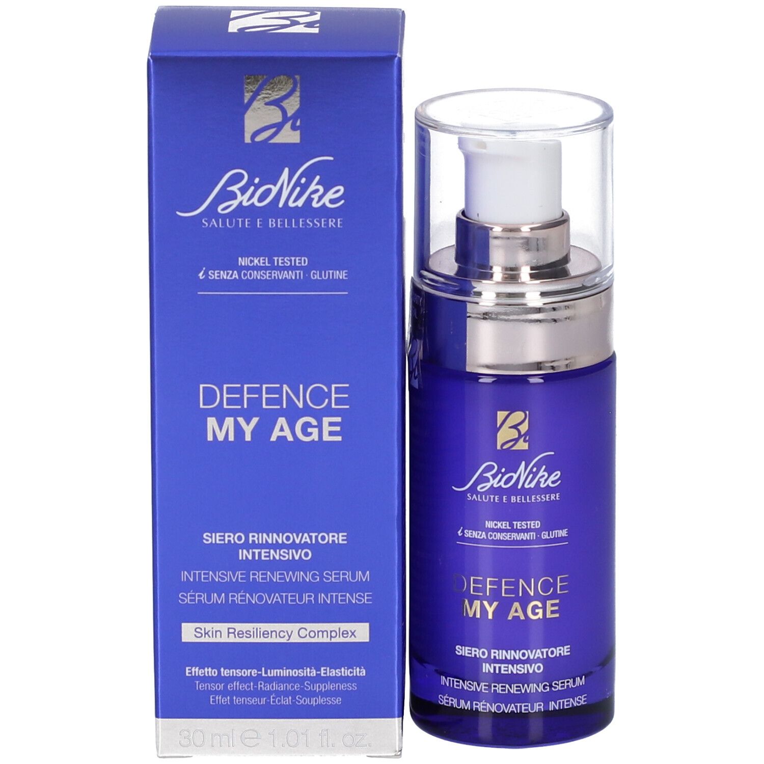 Flacone di siero blu e scatola. Scritta: BioNike DEFENCE MY AGE. 30 ml.
