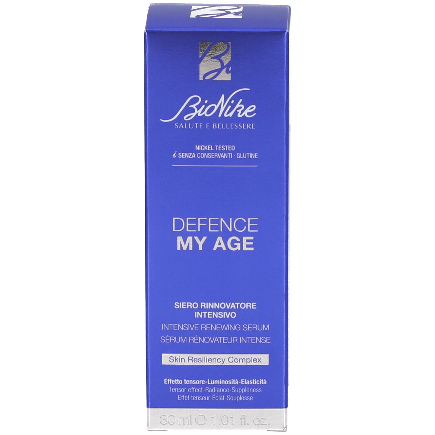 Scatola blu con scritta: BioNike DEFENCE MY AGE. 30 ml.