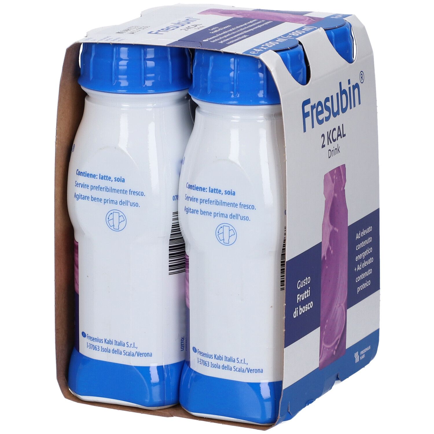 Due bottiglie di Fresubin 2KCAL Drink Frutti di Bosco in confezione di cartone. Tappi blu, bottiglie bianche. Scritte ed etichette.