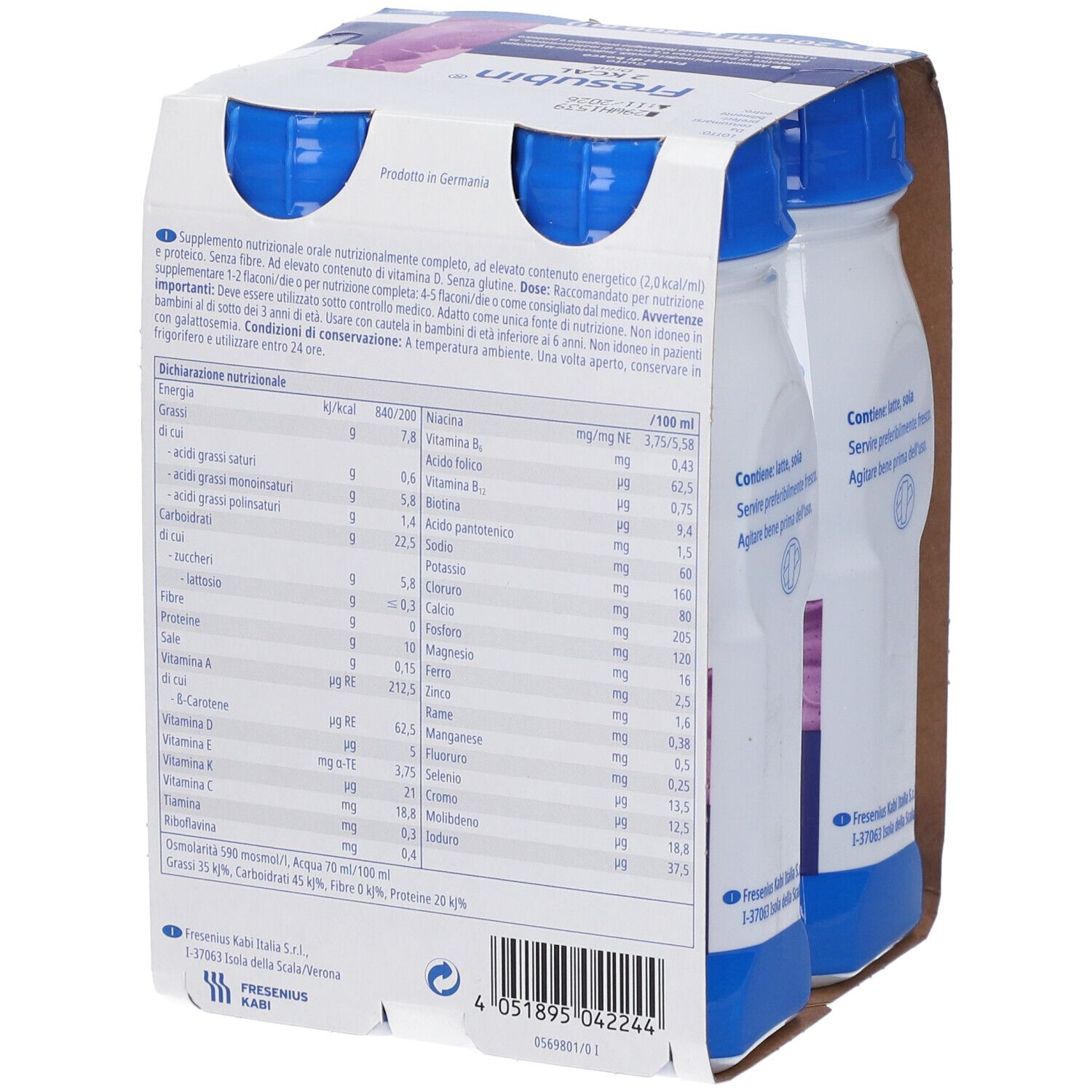 Retro della confezione Fresubin 2KCAL Drink Frutti di Bosco. Informazioni nutrizionali e ingredienti in italiano.