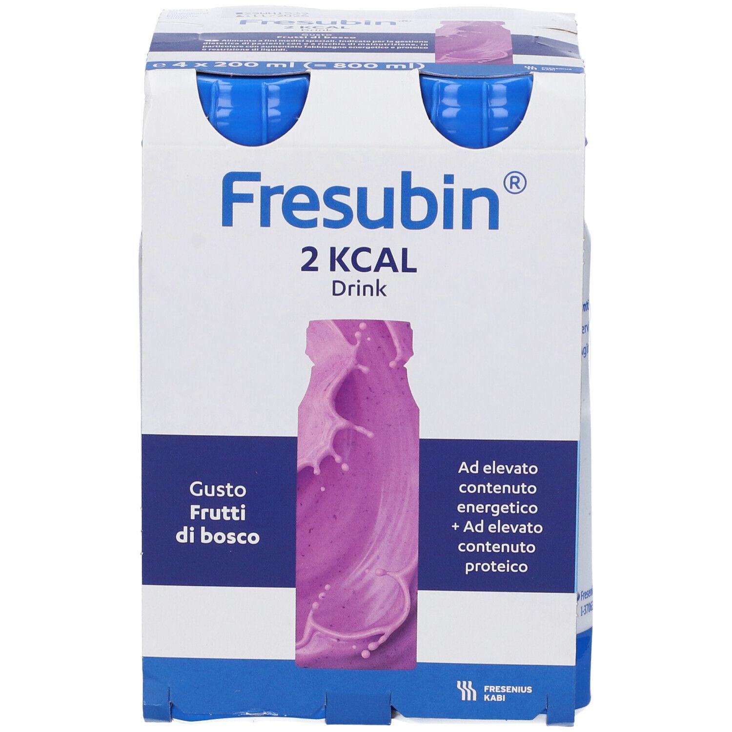 Confezione di Fresubin 2KCAL Drink Frutti di Bosco. Quattro bottiglie in cartone. Scritte: marchio, gusto, ingredienti.