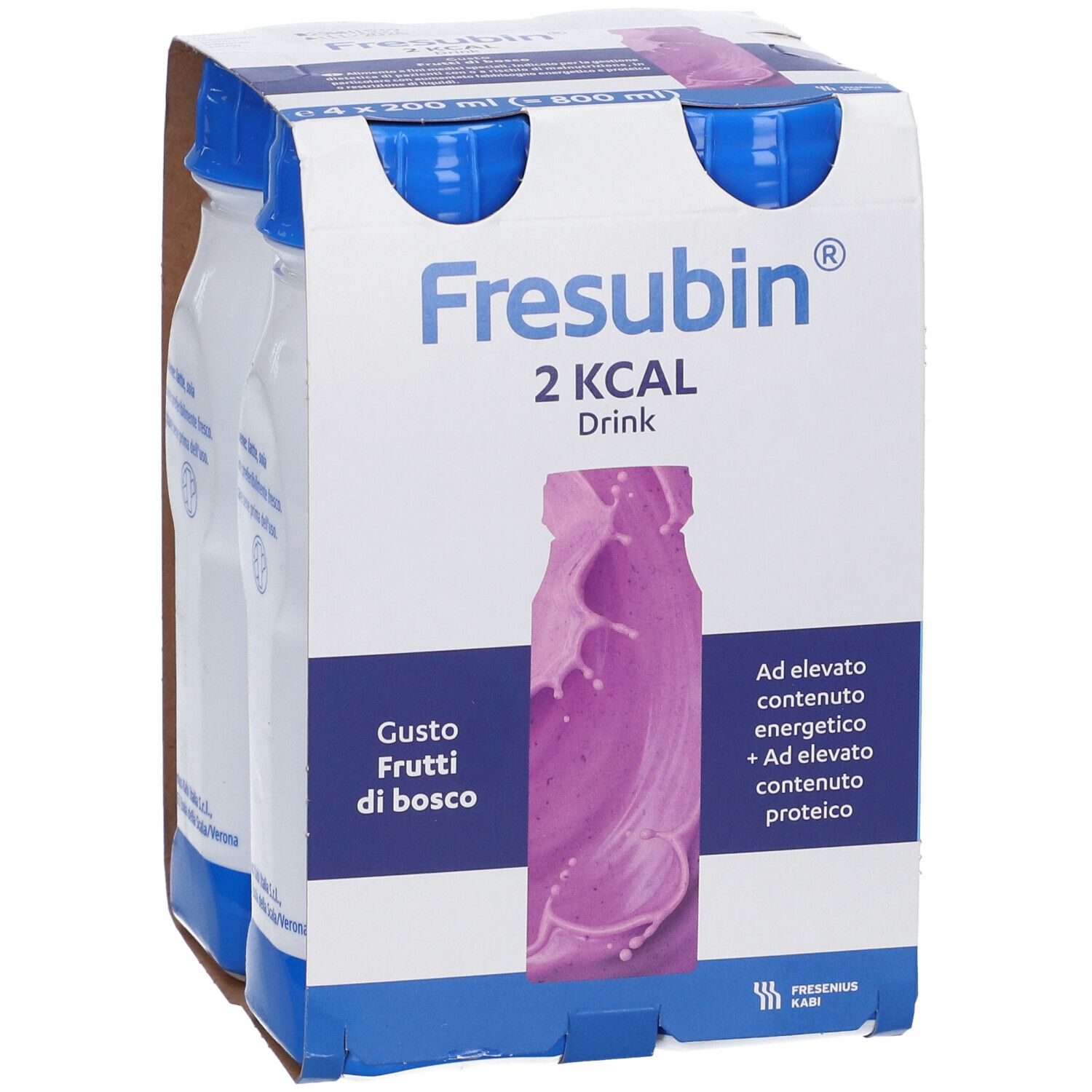 Confezione di Fresubin 2KCAL Drink Frutti di Bosco. Quattro bottiglie in cartone. Scritte: marchio, gusto, ingredienti.