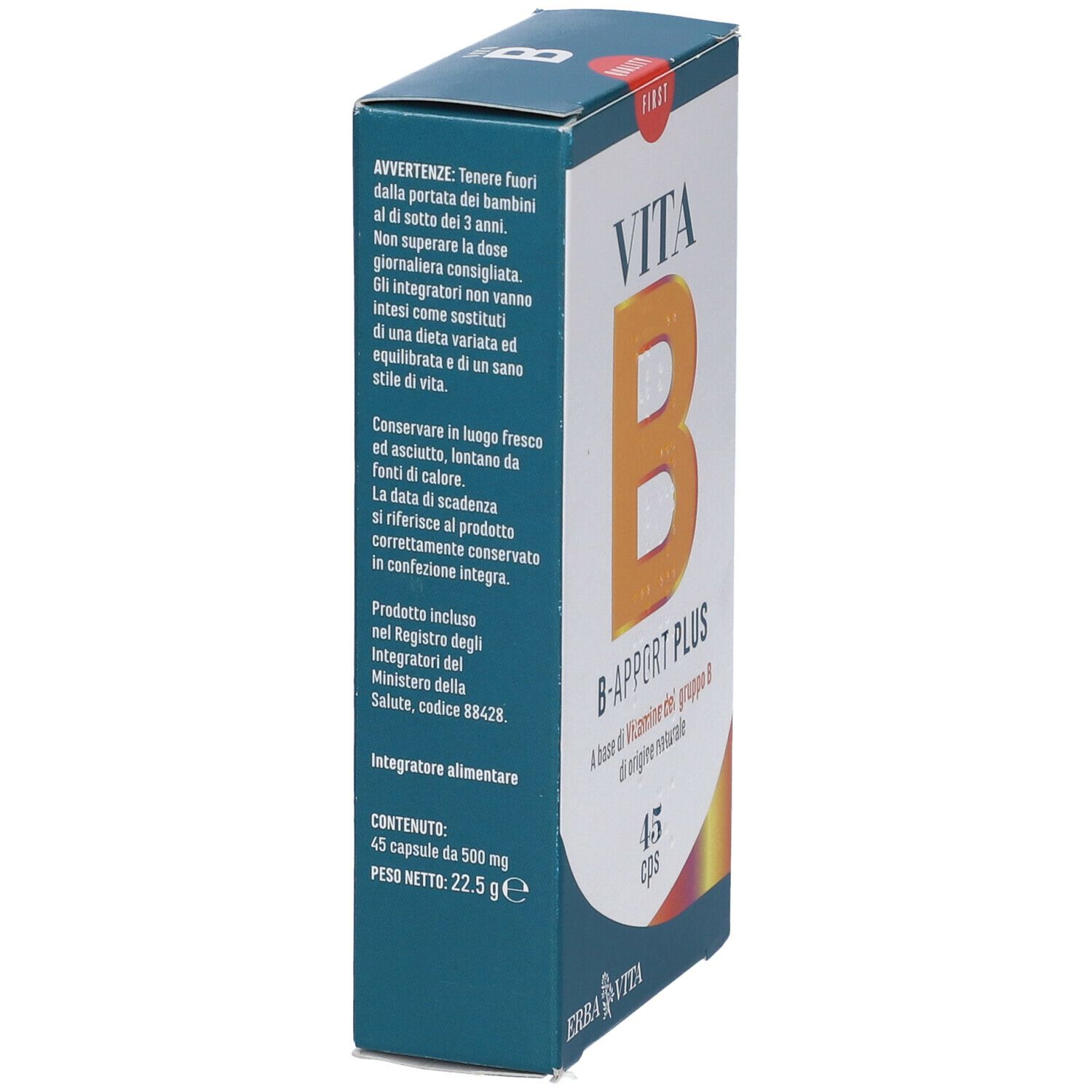 Scatola con informazioni sul prodotto e ingredienti. Contiene 45 capsule.