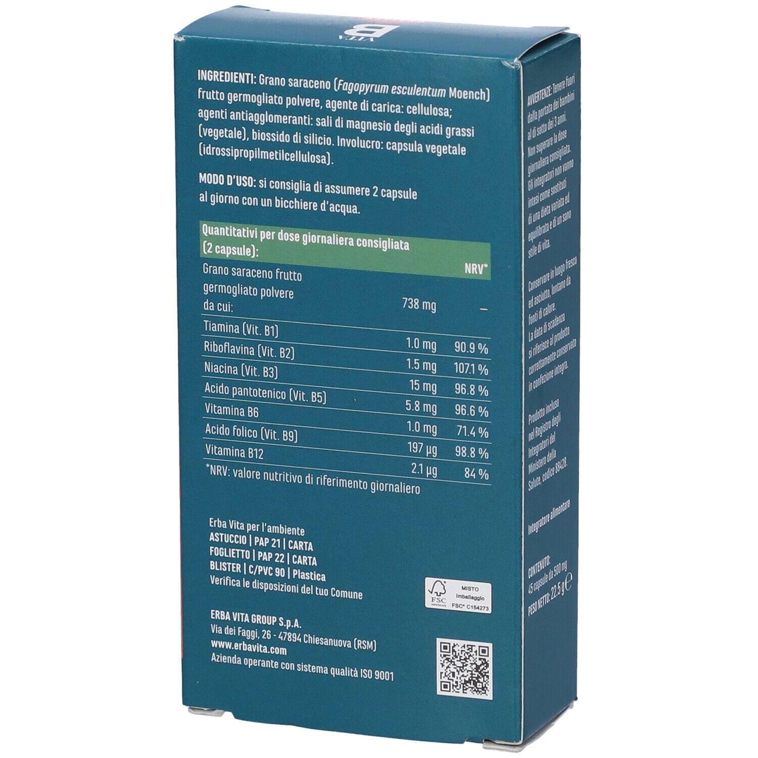 Scatola con informazioni sul prodotto e ingredienti. Contiene 45 capsule.