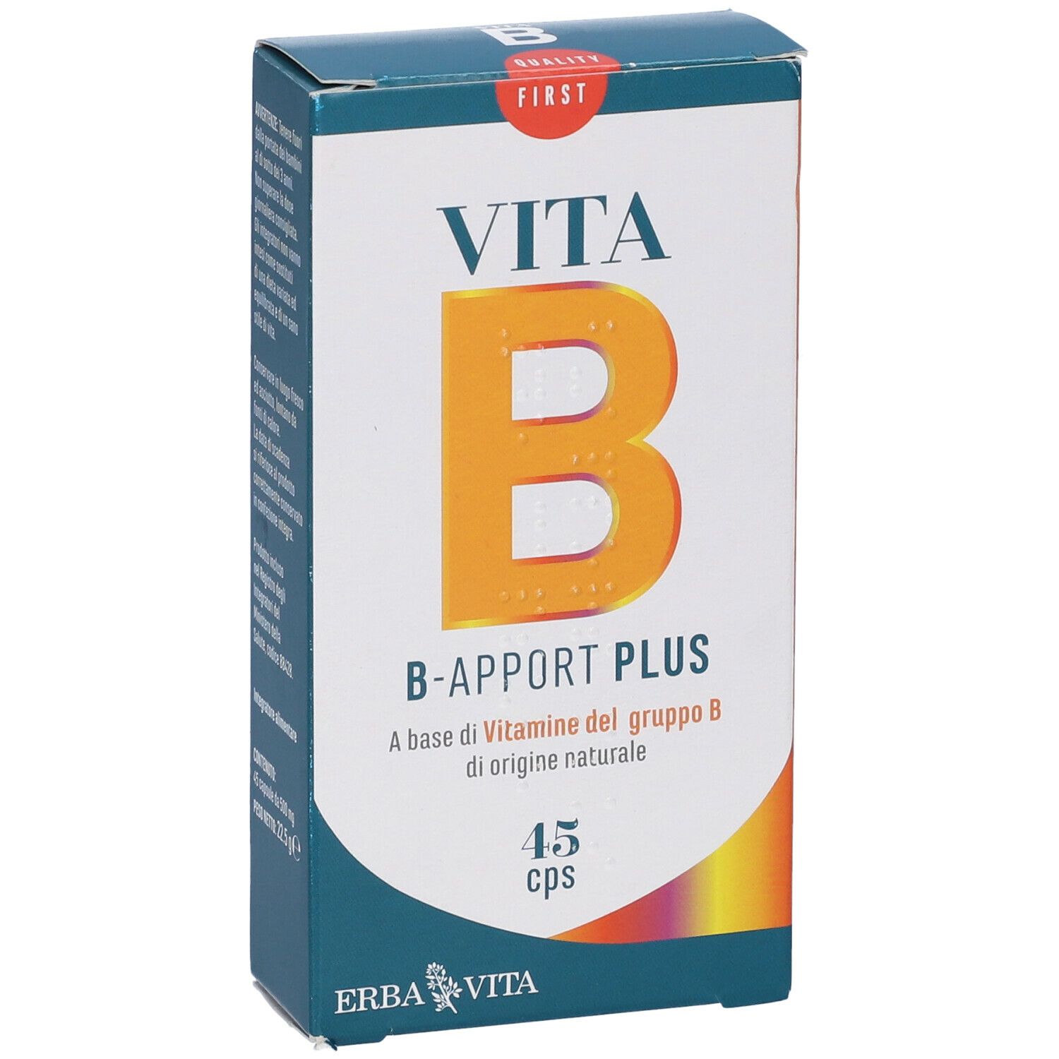 Scatola con nome del prodotto e simbolo B. Contiene 45 capsule.