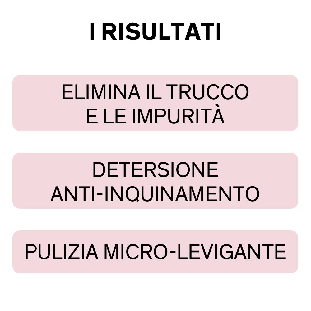 Risultati: Elimina trucco e impurità. Detersione anti-inquinamento. Pulizia micro-levigante.