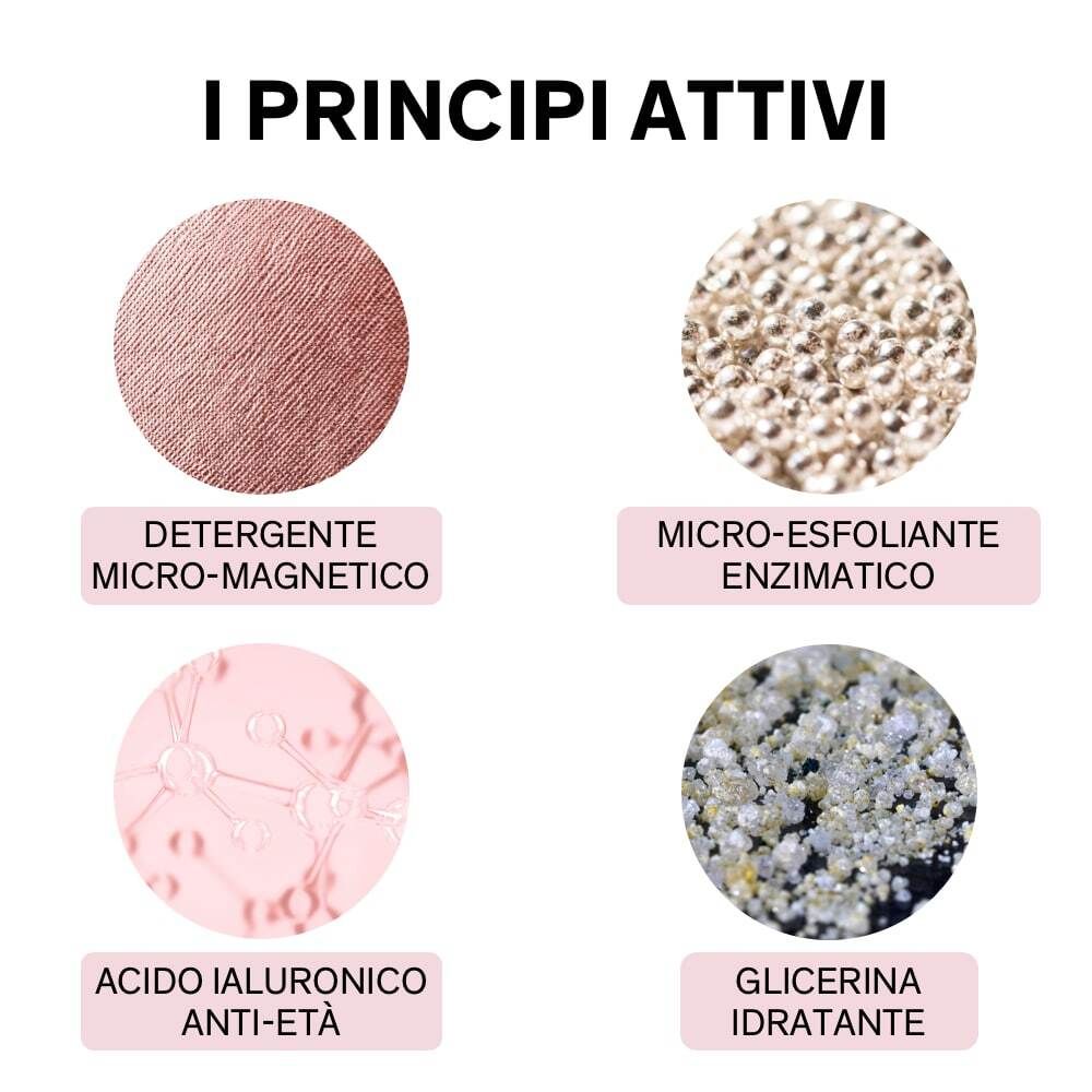 Principi attivi: Detergente micro-magnetico, micro-esfoliante enzimatico, acido ialuronico anti-età, glicerina idratante.