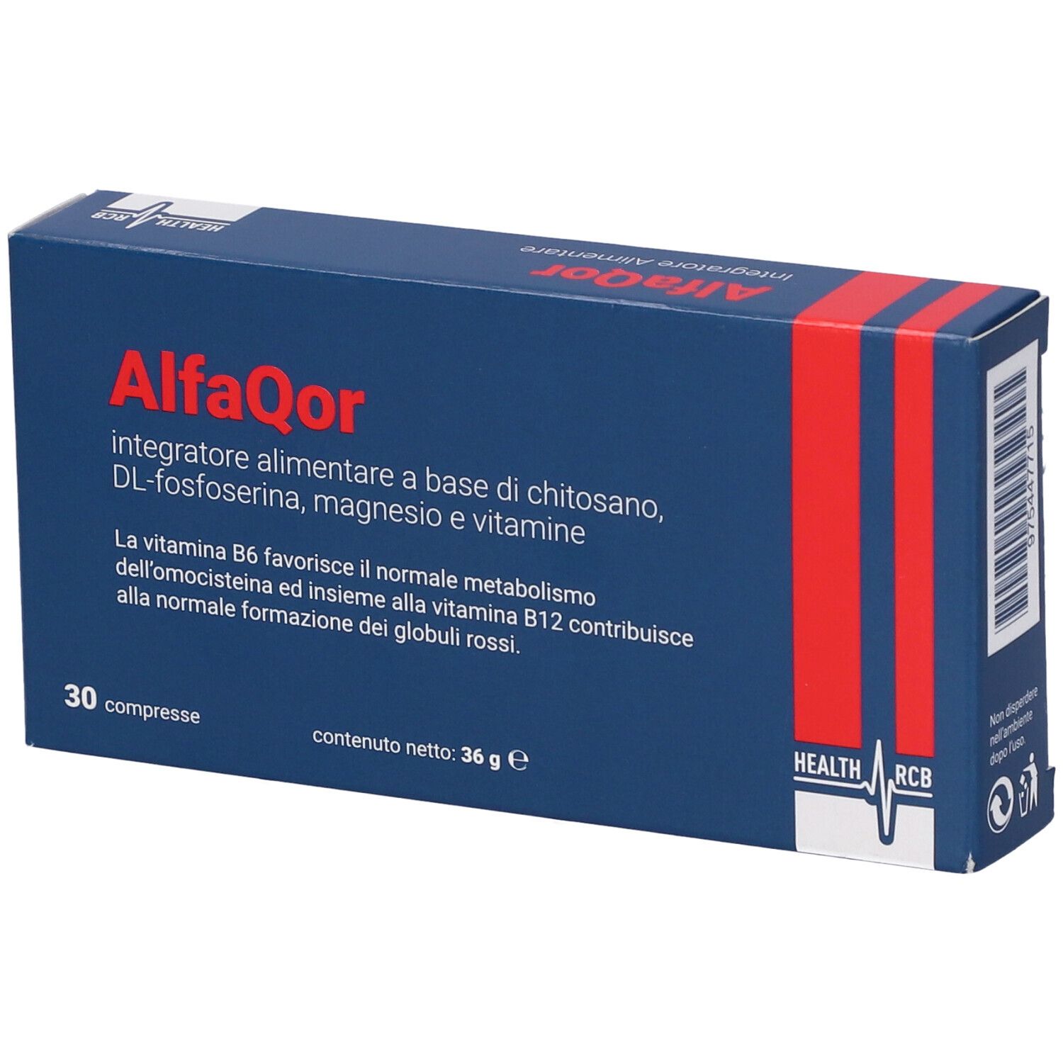 Scatola blu con testo AlfaQor, 30 compresse. Contiene chitosan, magnesio e vitamine. Forma rettangolare.