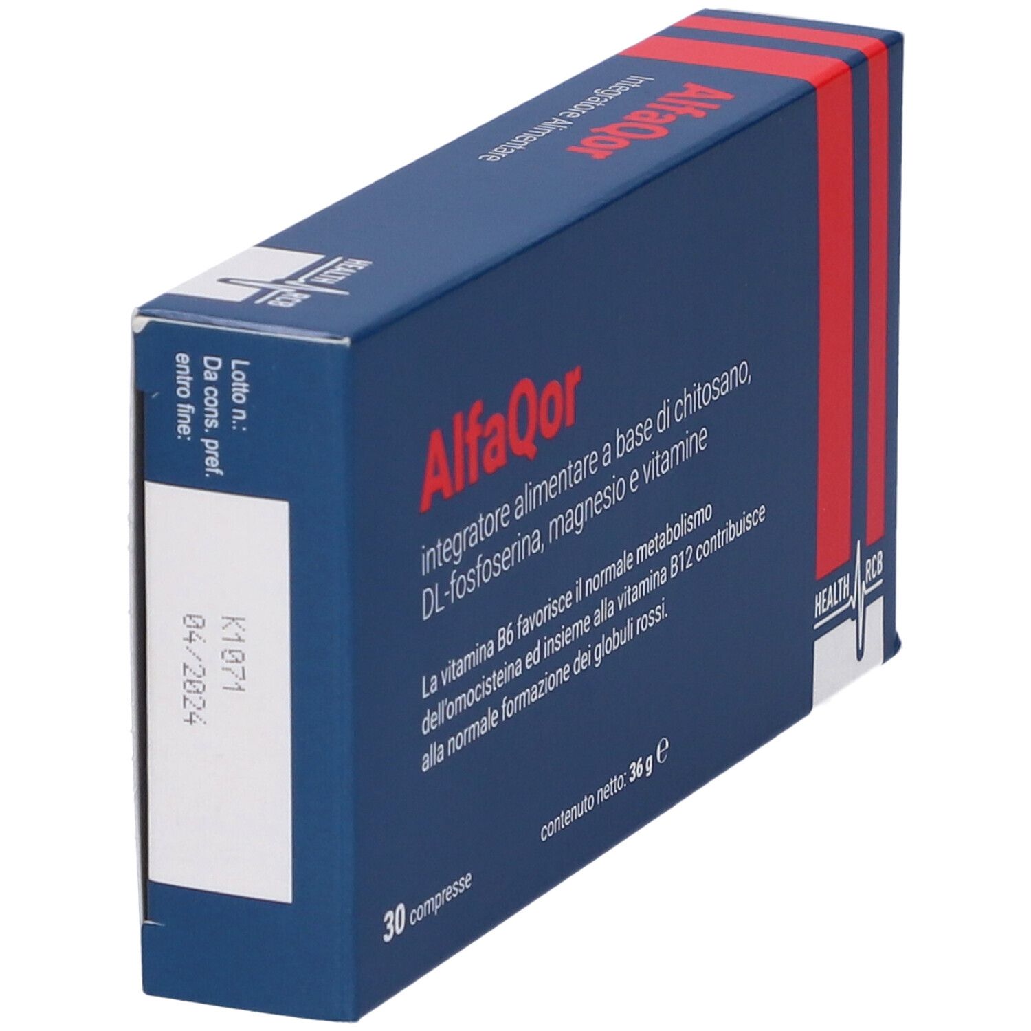 Scatola blu con testo AlfaQor, 30 compresse. Contiene chitosan, magnesio e vitamine. Data di scadenza.