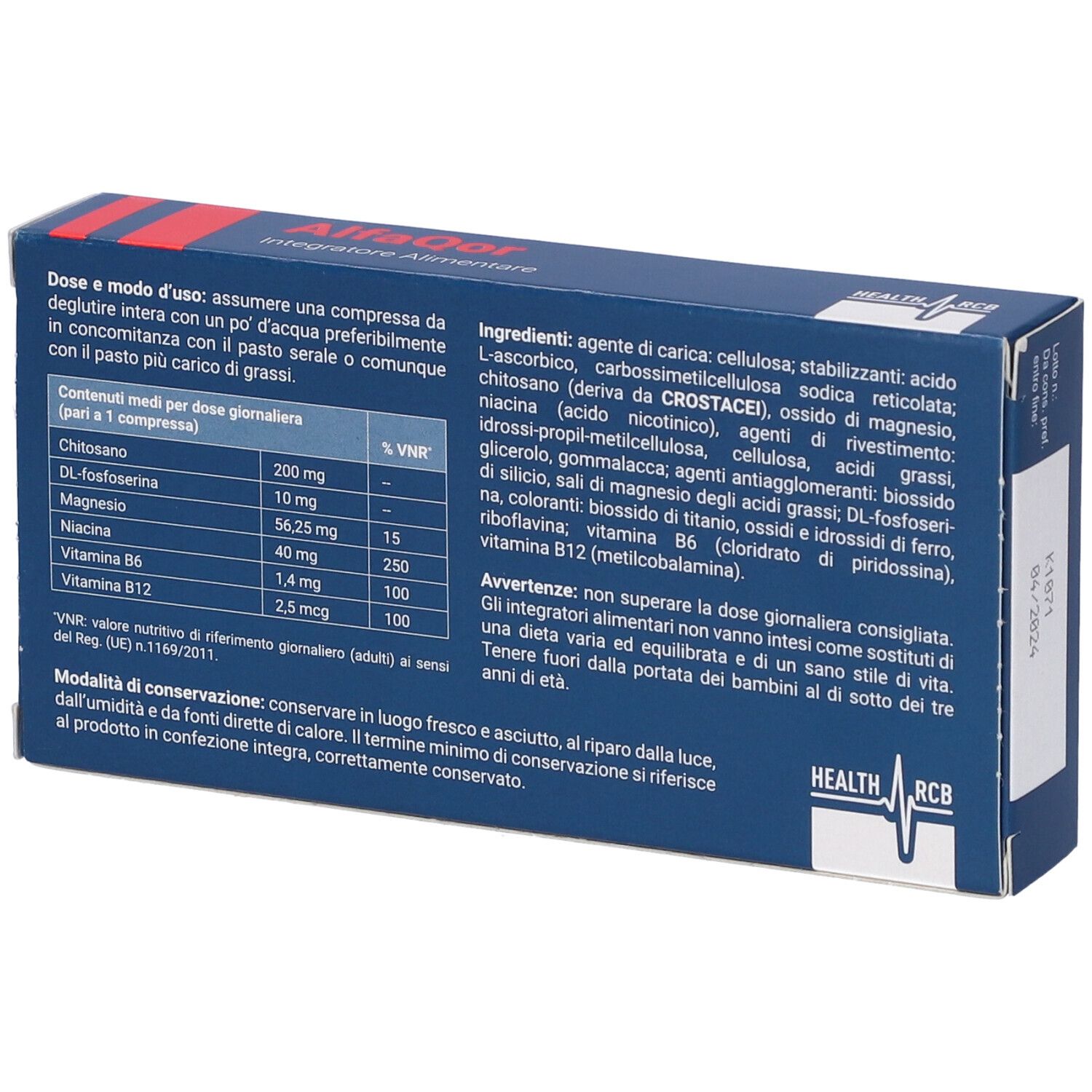 Retro scatola blu con ingredienti e dosaggio. Contiene chitosan, magnesio, vitamine. Testo in italiano.