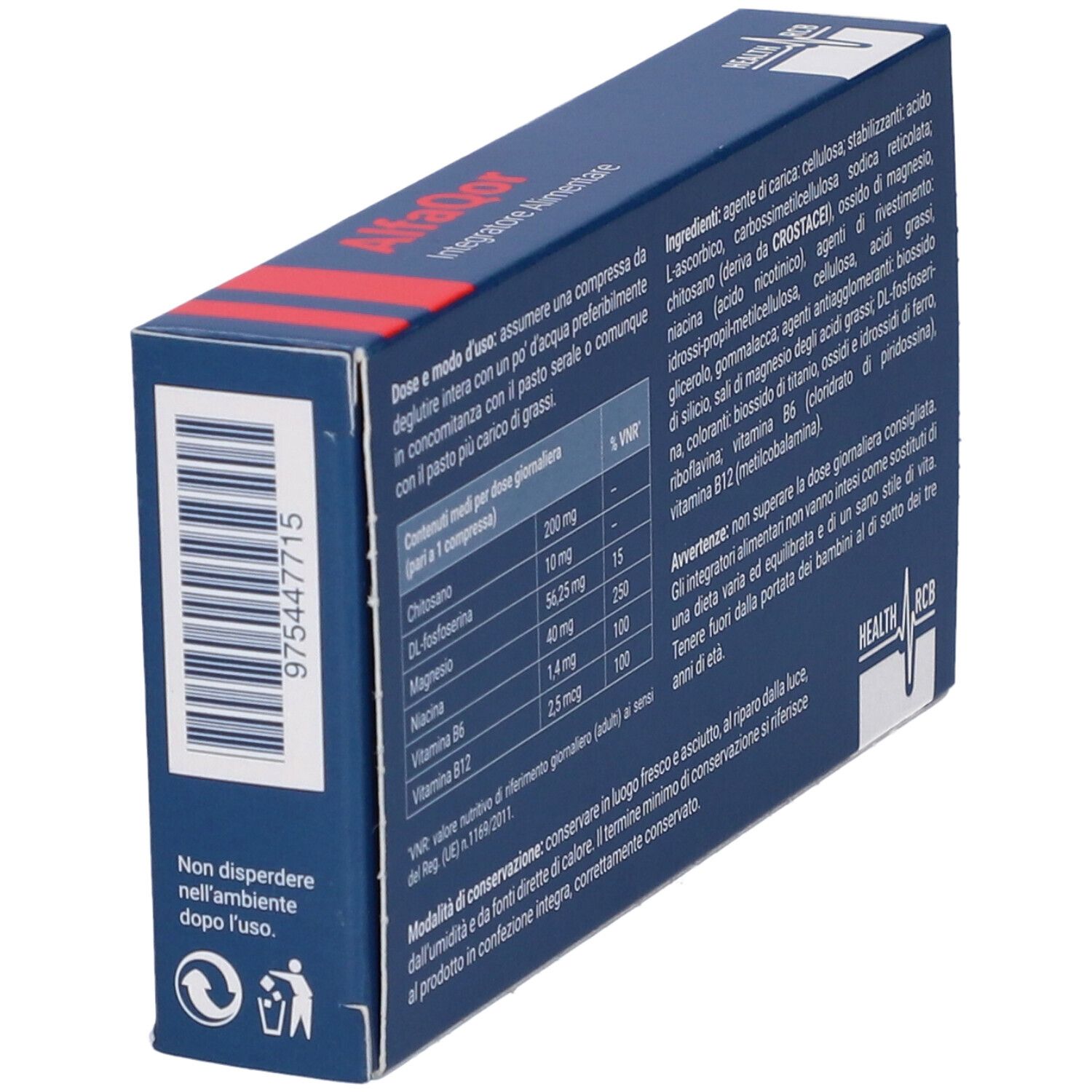 Retro scatola blu con ingredienti e dosaggio. Contiene chitosan, magnesio, vitamine. Codice a barre.