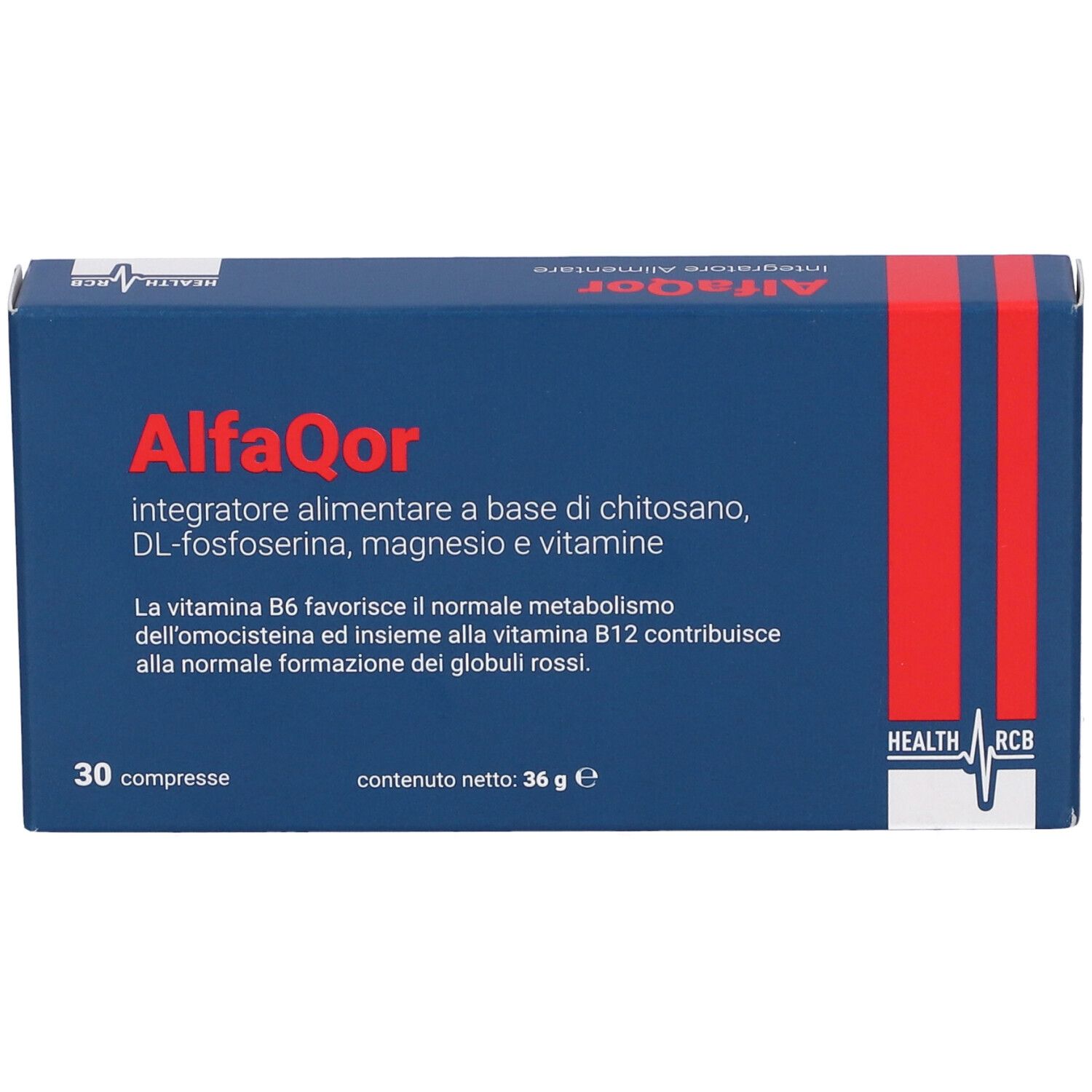 Scatola blu con testo AlfaQor, 30 compresse. Contiene chitosan, magnesio e vitamine. Forma rettangolare.