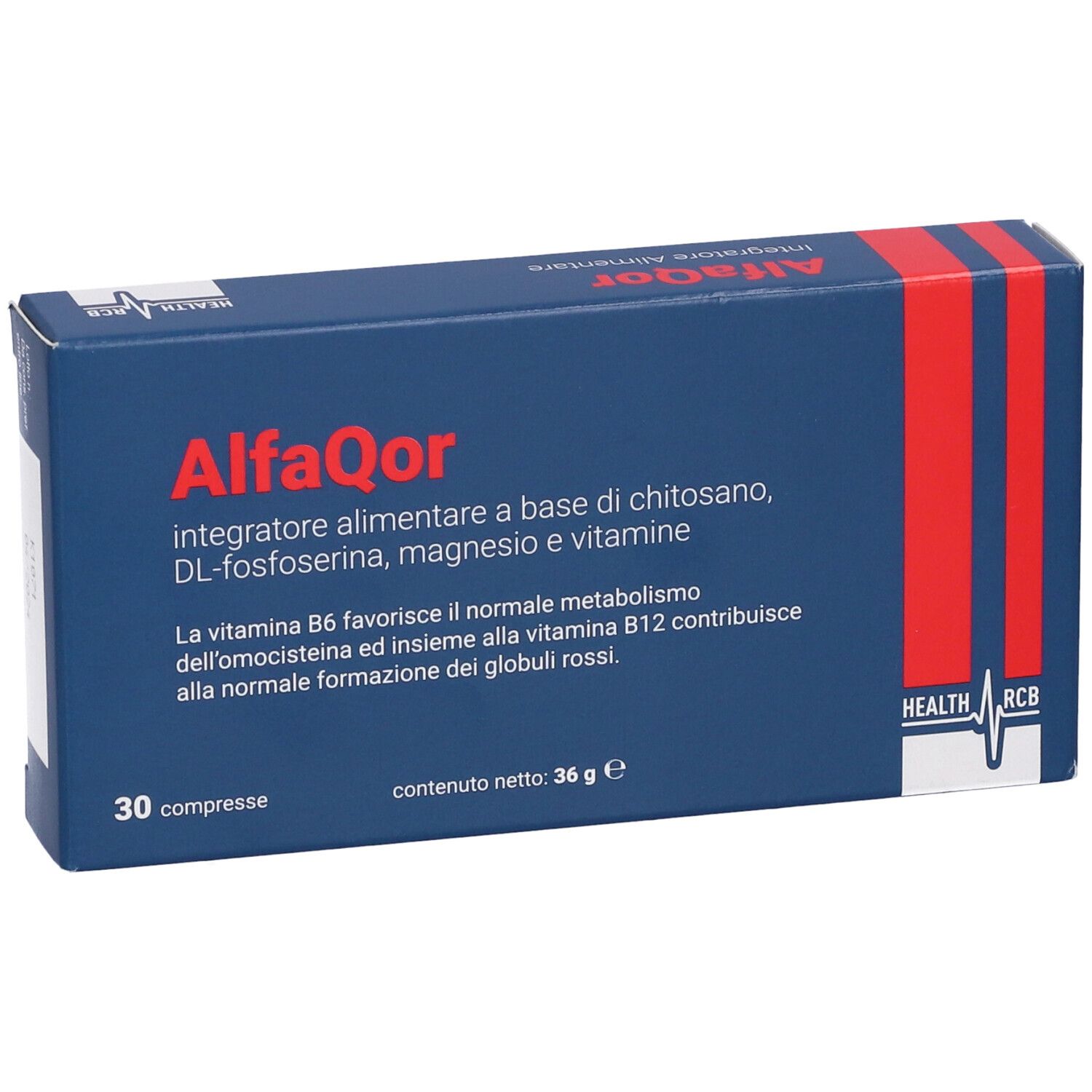 Scatola blu con testo AlfaQor, 30 compresse. Contiene chitosan, magnesio e vitamine. Striscia rossa verticale.