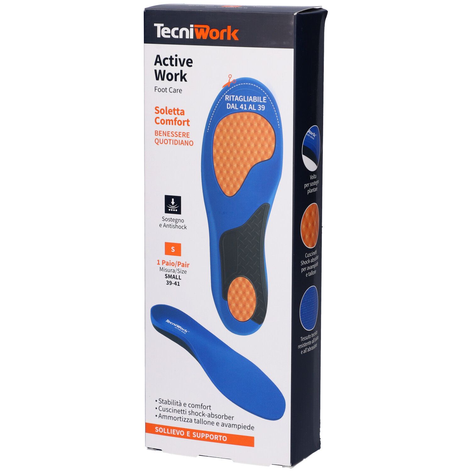 Tecniwork Active Work Solette Taglia S, EU 39/41. Confezione con soletta blu, elementi arancioni e neri.