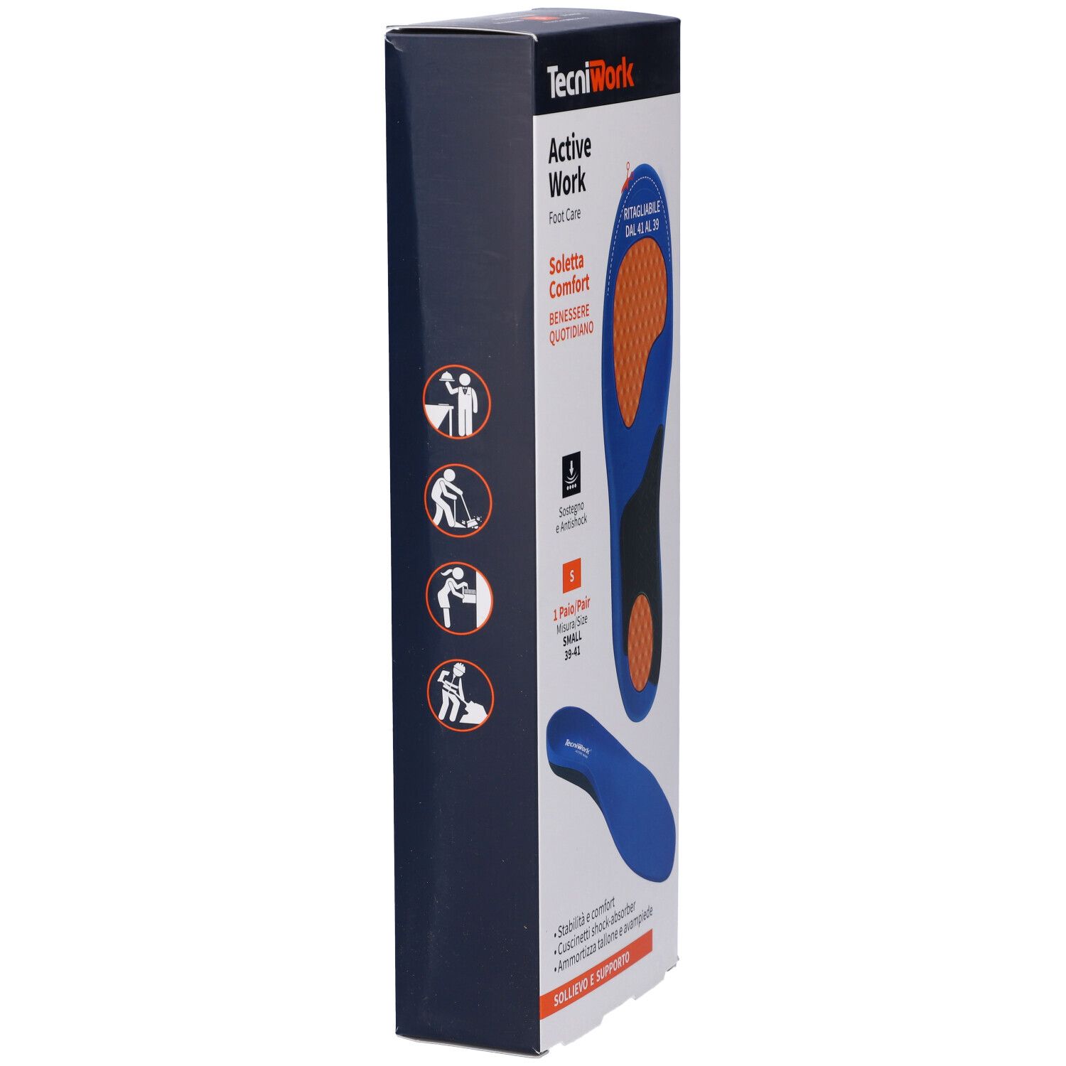 Tecniwork Active Work Solette Taglia S, EU 39/41. Confezione, vista laterale con informazioni sul prodotto e illustrazioni.
