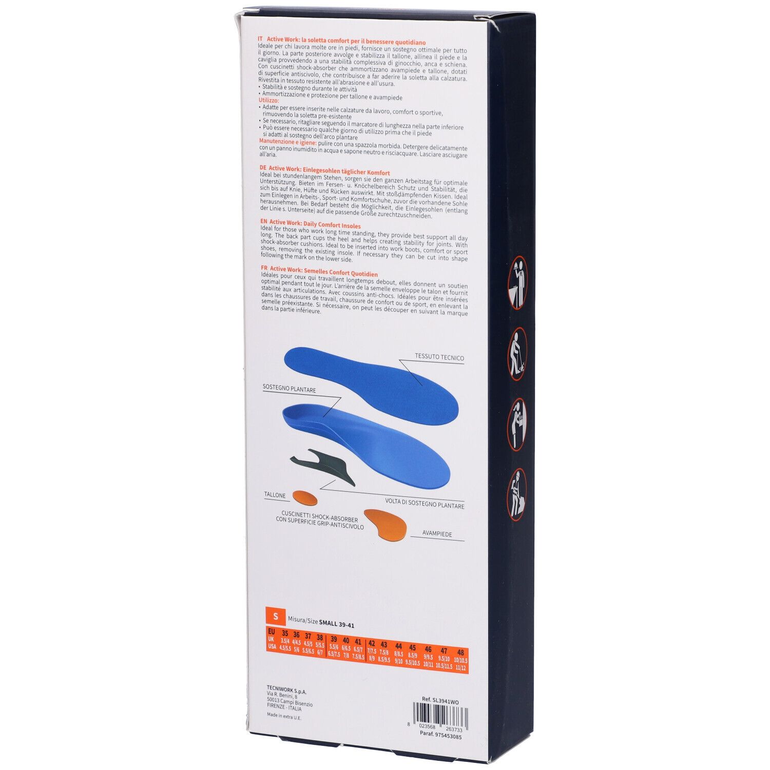 Tecniwork Active Work Solette Taglia S, EU 39/41. Confezione, retro con informazioni sul prodotto e illustrazioni.