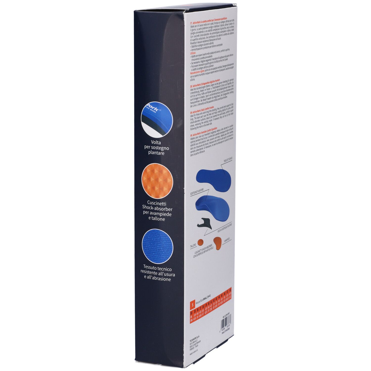 Tecniwork Active Work Solette Taglia S, EU 39/41. Confezione, vista dettagliata con caratteristiche del prodotto e illustrazioni.
