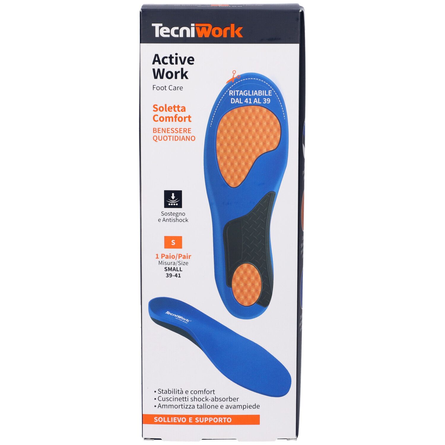 Tecniwork Active Work Solette Taglia S, EU 39/41. Confezione con soletta blu, elementi arancioni e neri.
