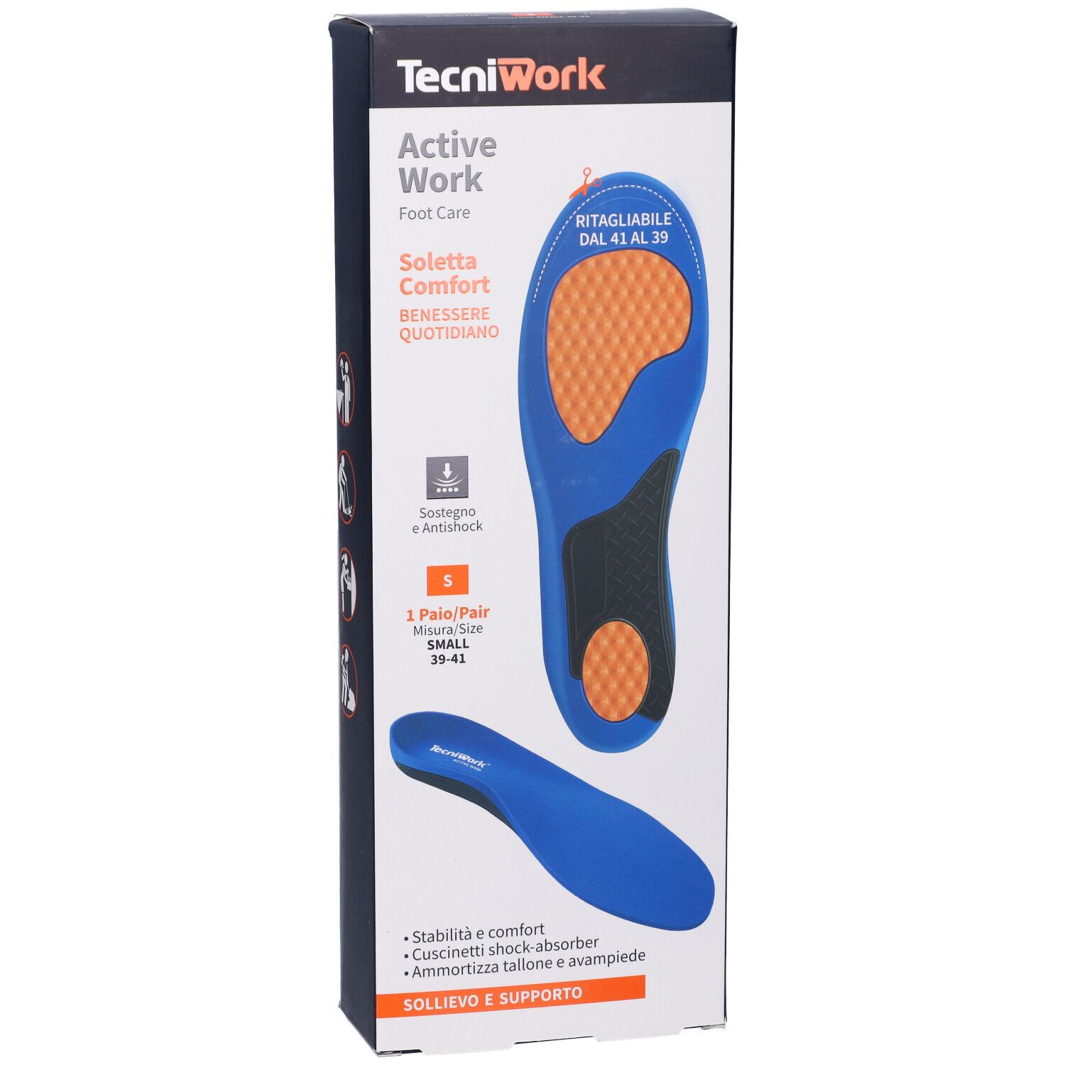 Tecniwork Active Work Solette Taglia S, EU 39/41. Confezione con soletta blu, elementi arancioni e neri.