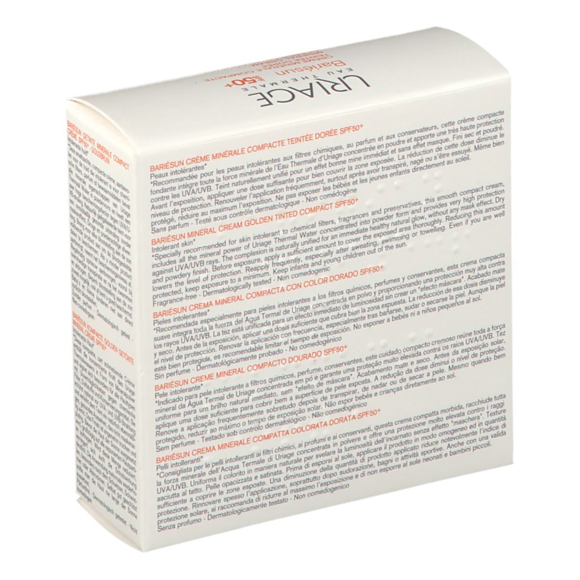 Scatola URIAGE Bariésun Compact SPF 50+. Retro con testo. Informazioni sul prodotto, ingredienti.