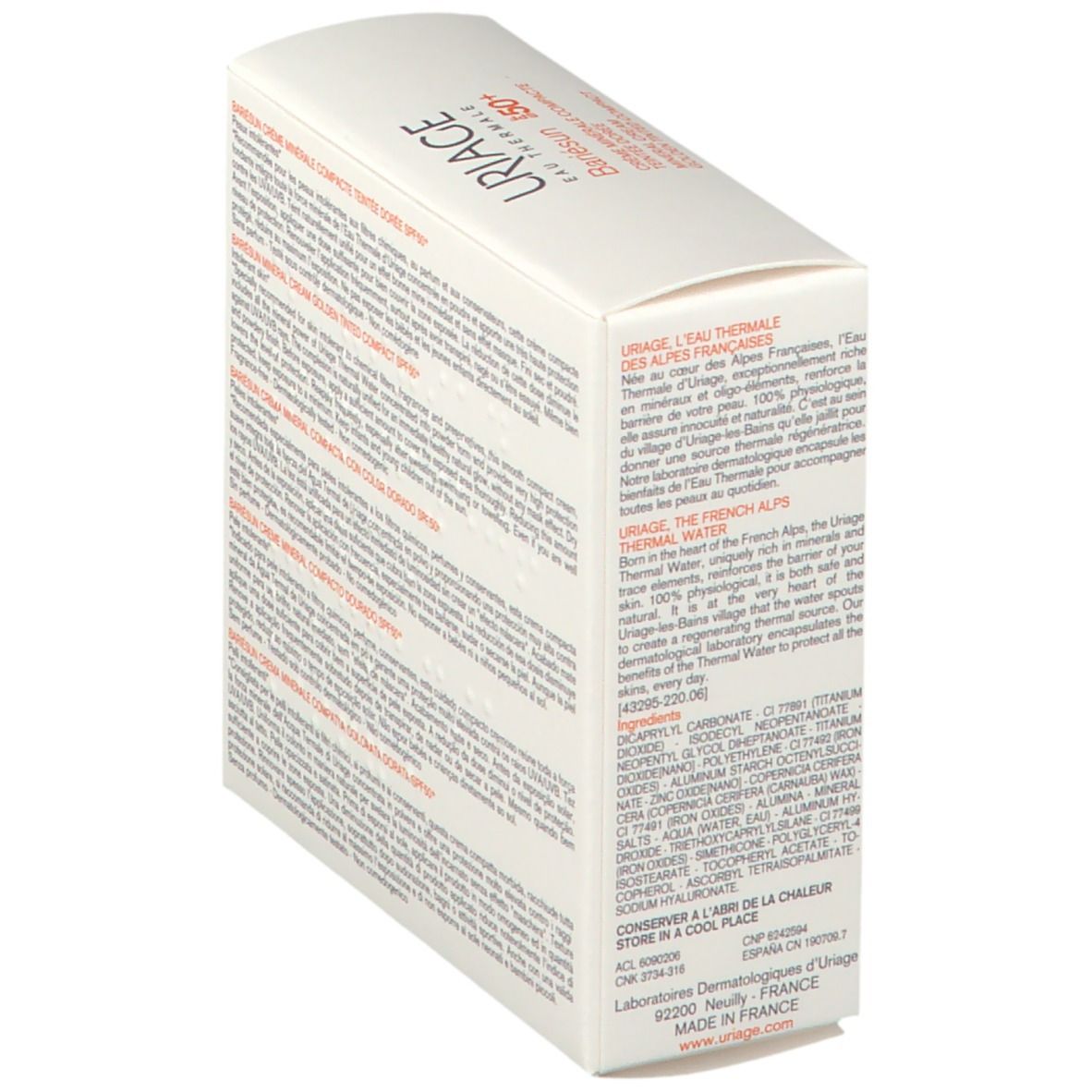 Scatola URIAGE Bariésun Compact SPF 50+. Retro con testo. Informazioni sul prodotto, ingredienti.