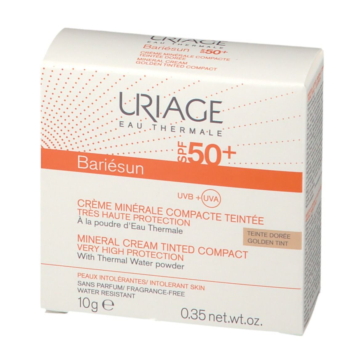 Scatola URIAGE Bariésun Compact SPF 50+. Vista frontale. Nome prodotto, testo, ingredienti, 10g, 0.35 oz.
