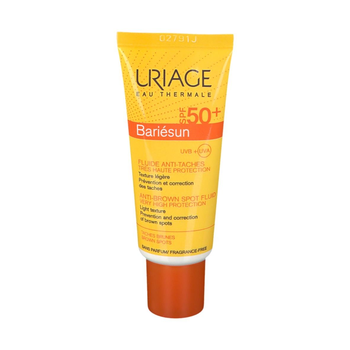Tubo giallo con URIAGE, SPF 50+ e Bariésun. Fluido anti-macchie. Tappo arancione.