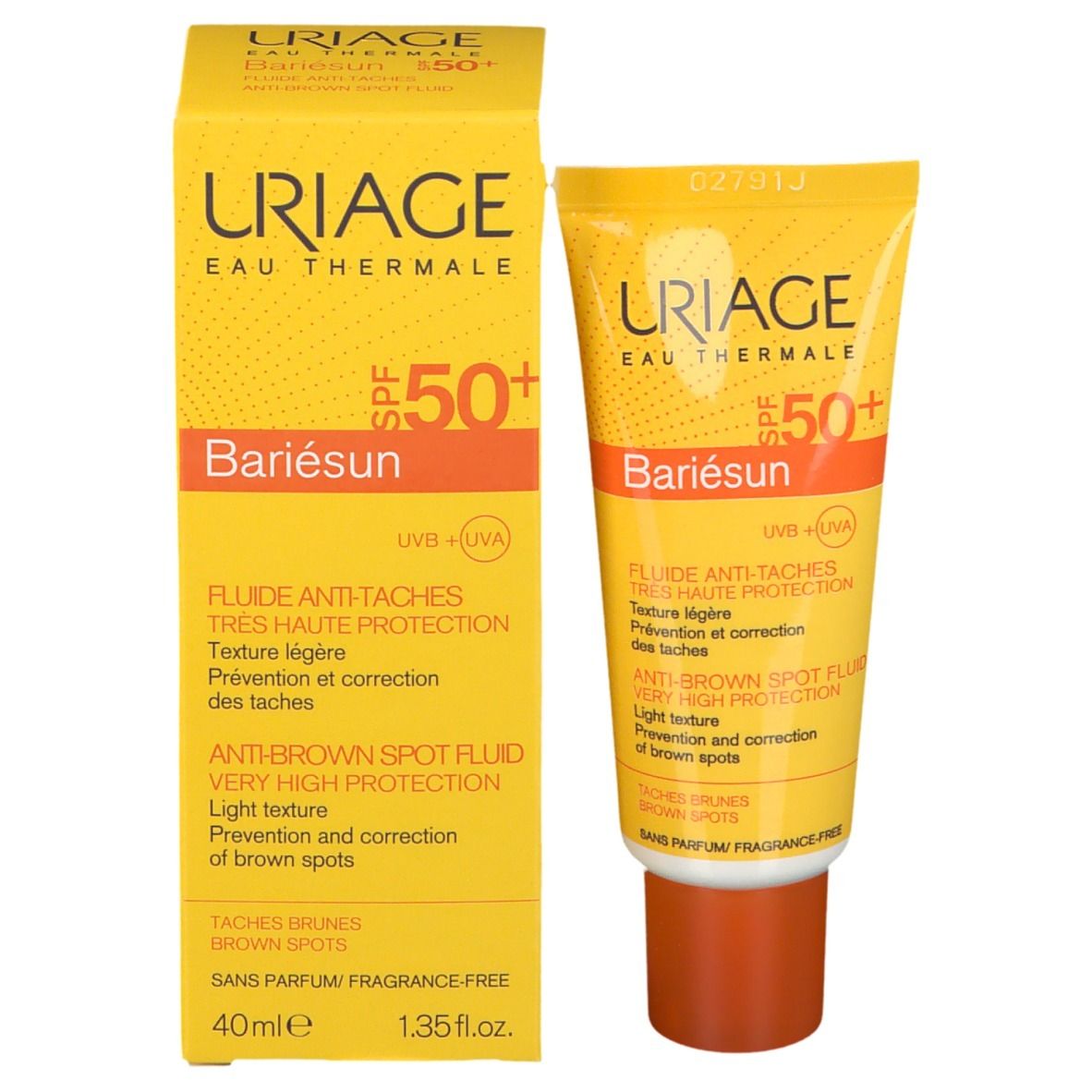 Scatola e tubo gialli. URIAGE, SPF 50+ e Bariésun. Fluido anti-macchie. 40ml. Testo multilingue.