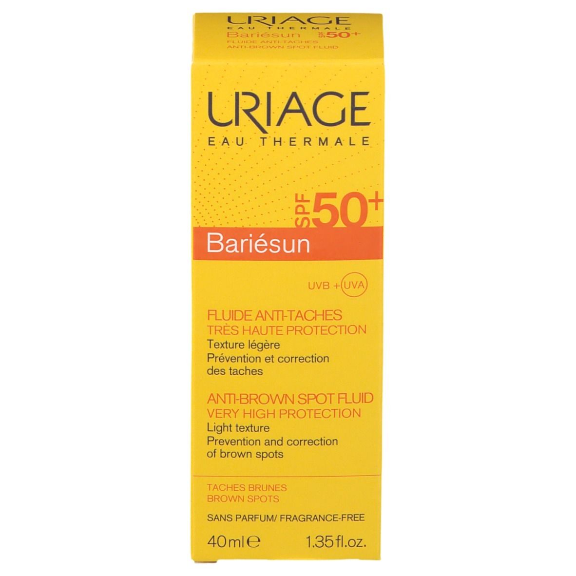Scatola gialla con URIAGE, SPF 50+ e Bariésun. Fluido anti-macchie. 40ml. Testo multilingue.