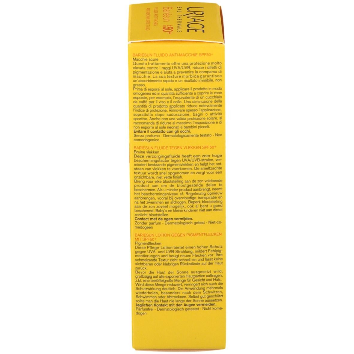 Scatola gialla. Testo multilingue. Informazioni sul prodotto e ingredienti.