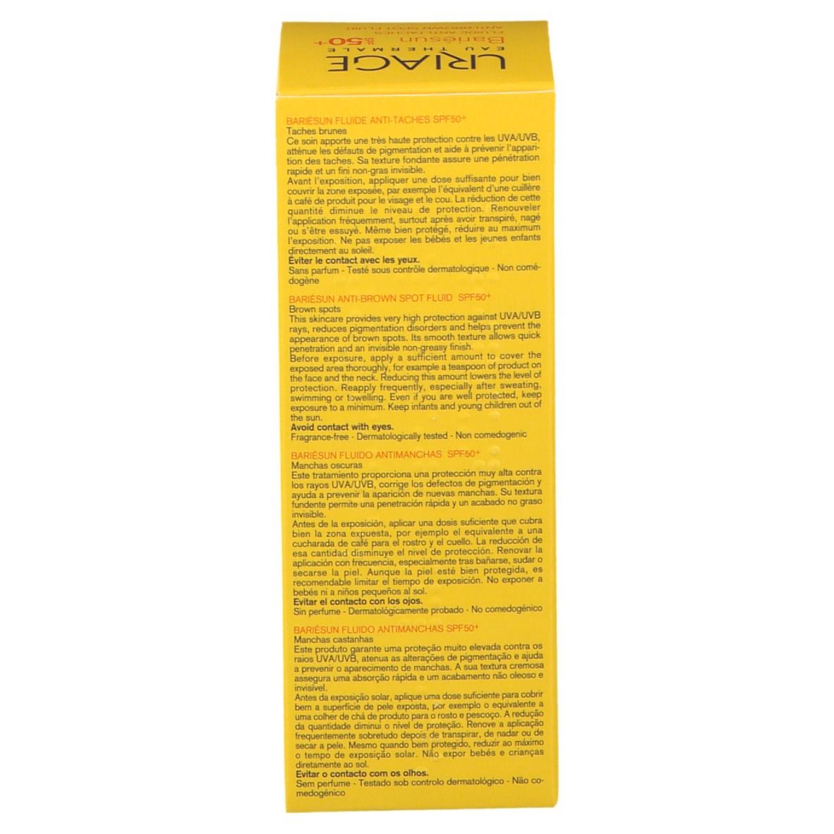 Scatola gialla. Testo multilingue. Informazioni sul prodotto e uso.