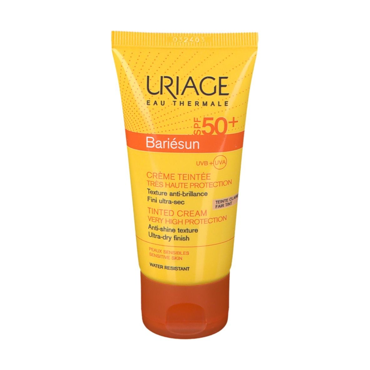 Tubo giallo URIAGE Bariésun SPF 50+. Crema colorata, alta protezione. Testo multilingue. Resistente all'acqua.